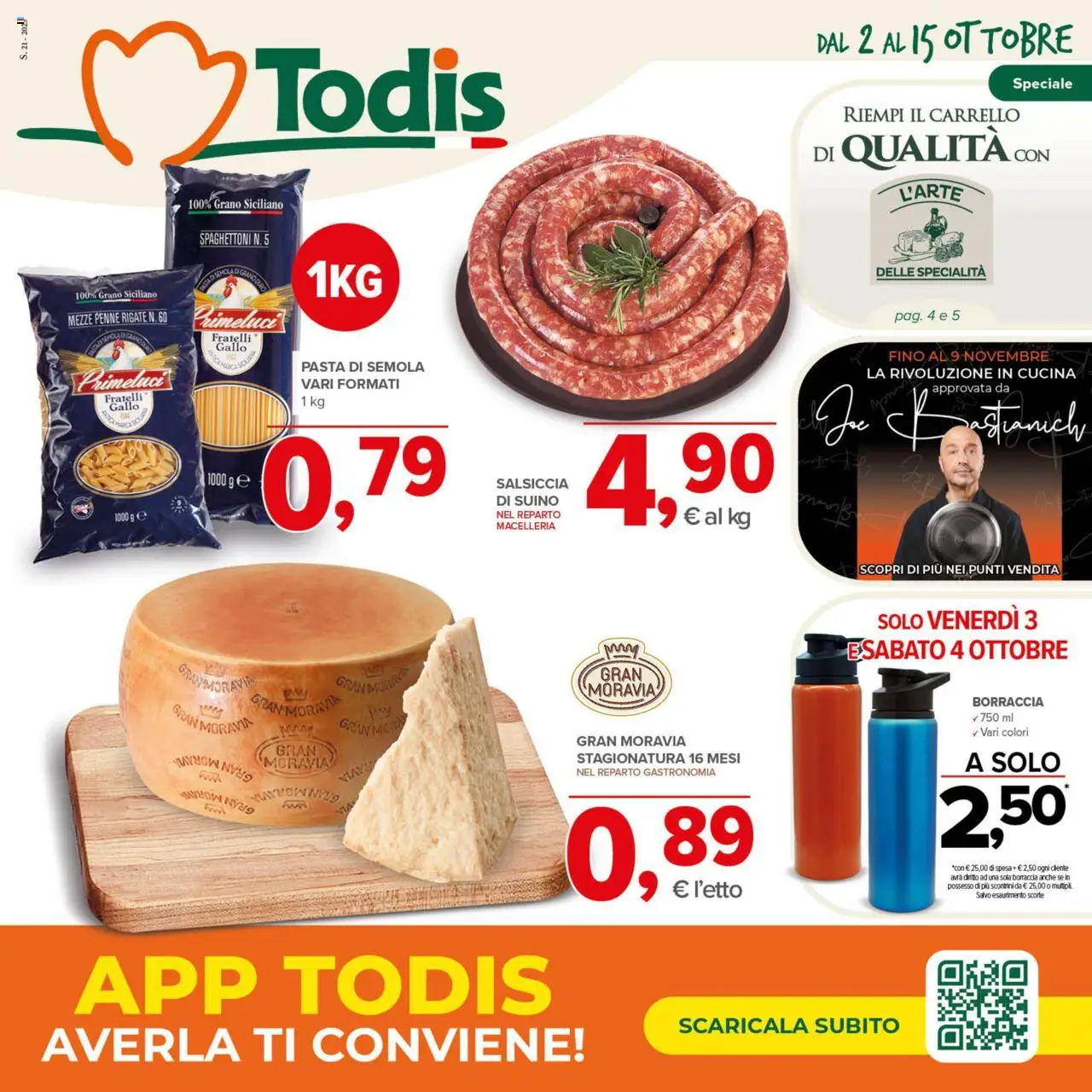 Volantino Todis del 02.10.2025 | Pagina: 1 | Prodotti: Salsiccia, Carrello, Penne, Borraccia