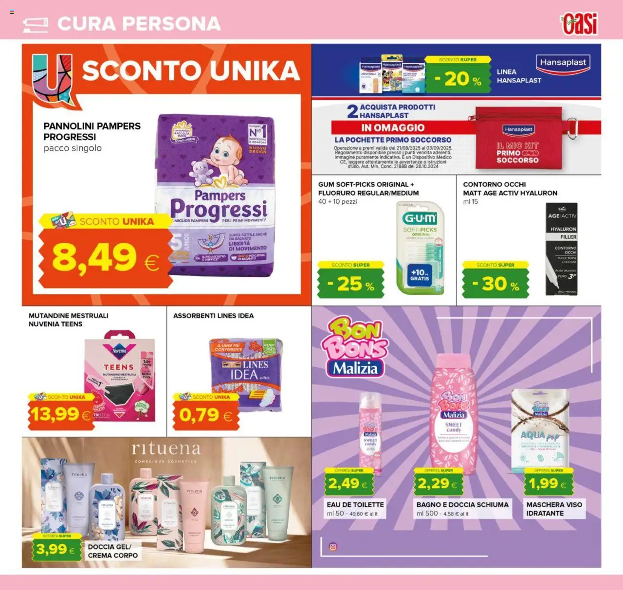 Volantino Oasi del 21.08.2025 | Pagina: 29 | Prodotti: Crema, Pannolini, Bagno, Doccia