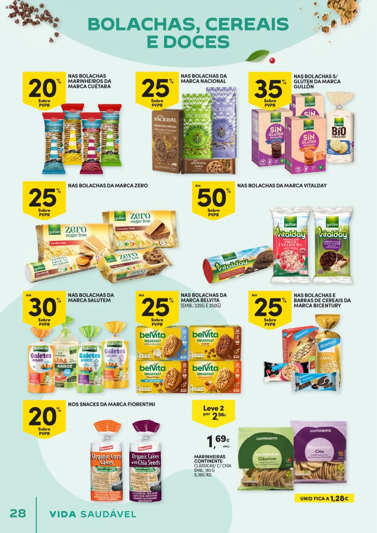 Continente - Vida Saudável: É de quem quer comer bem sem ginástica na carteira │ válido de 21.10.2025 | Página: 28 | Produtos: Barras de cereais, Bolachas, Chá, Milho