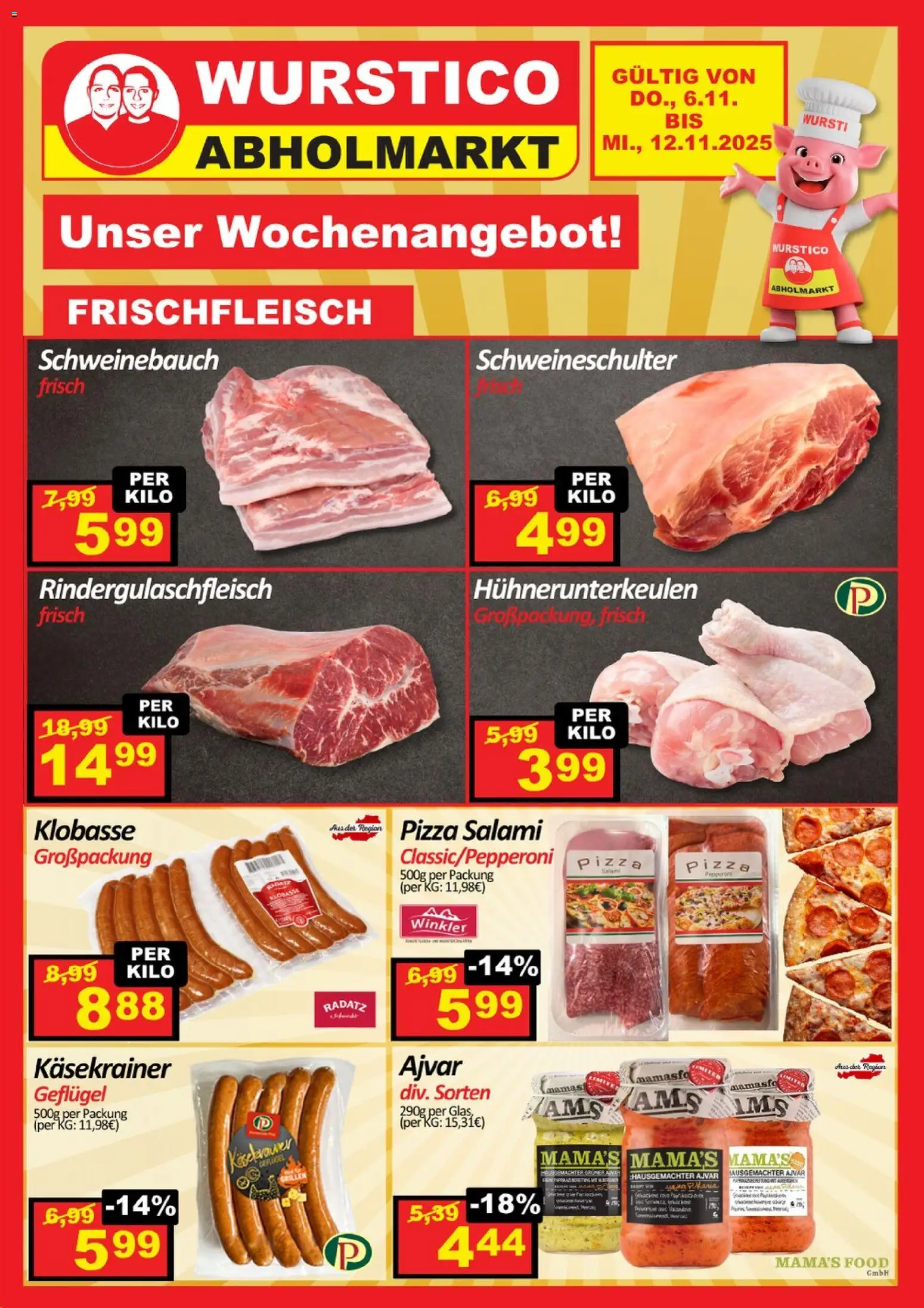 Wurstico Abholmarkt Flugblatt gültig ab 06.11.2025 | Seite: 1 | Produkte: Salami, Pizza