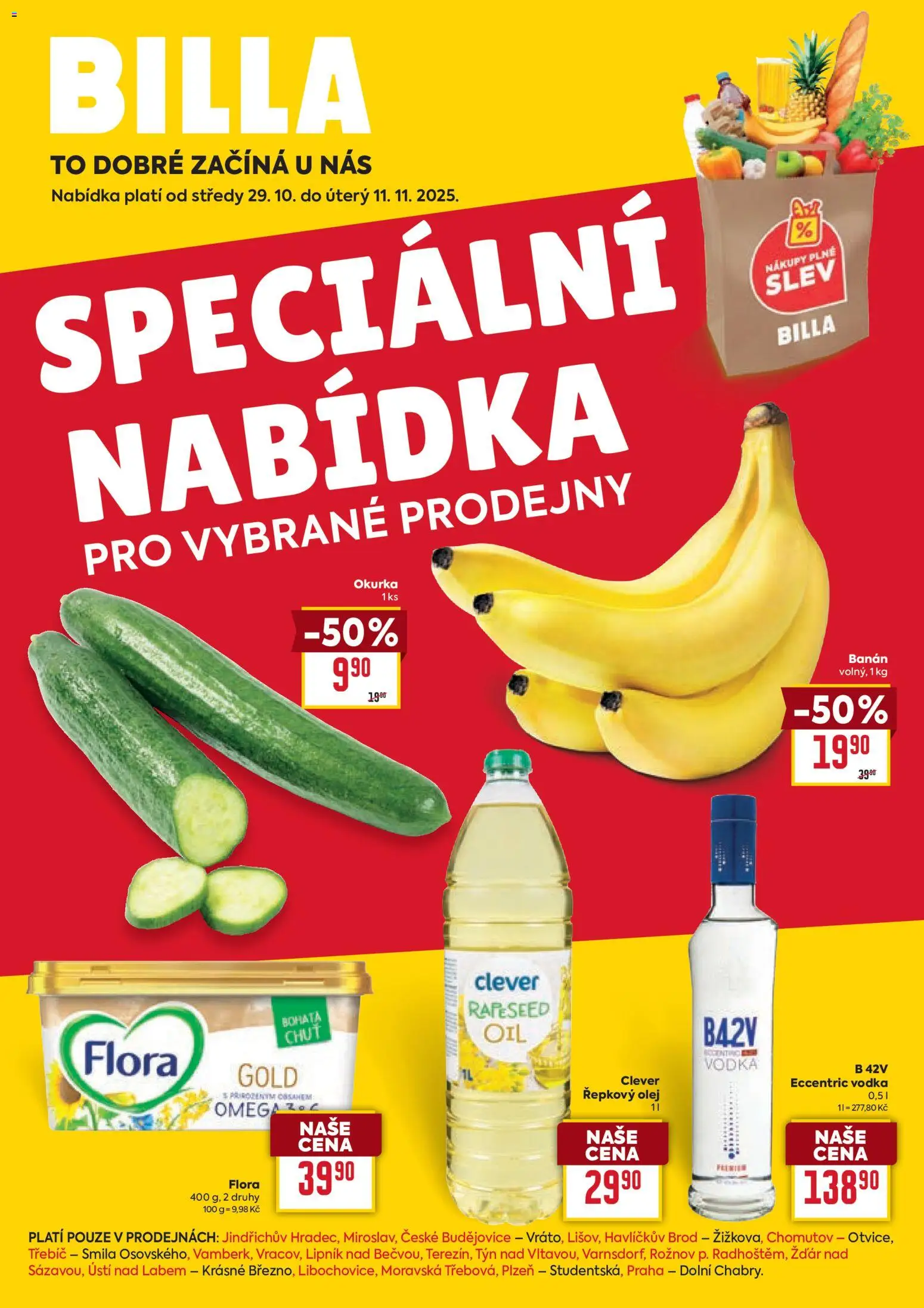 Billa leták - Speciální nabídka: vybrané prodejny od 29.10.2025 | Strana: 1 | Produkty: Olej, Řepkový olej, Clever, Okurka