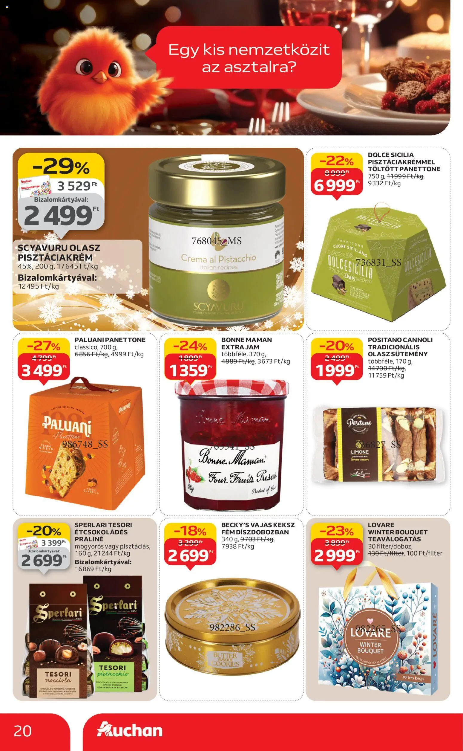 Auchan akciós ujság - amely érvényes a következő dátumtól: 20.11.2025 | Oldal: 20 | Termékek: Panettone, Praliné, Sütemény, Keksz