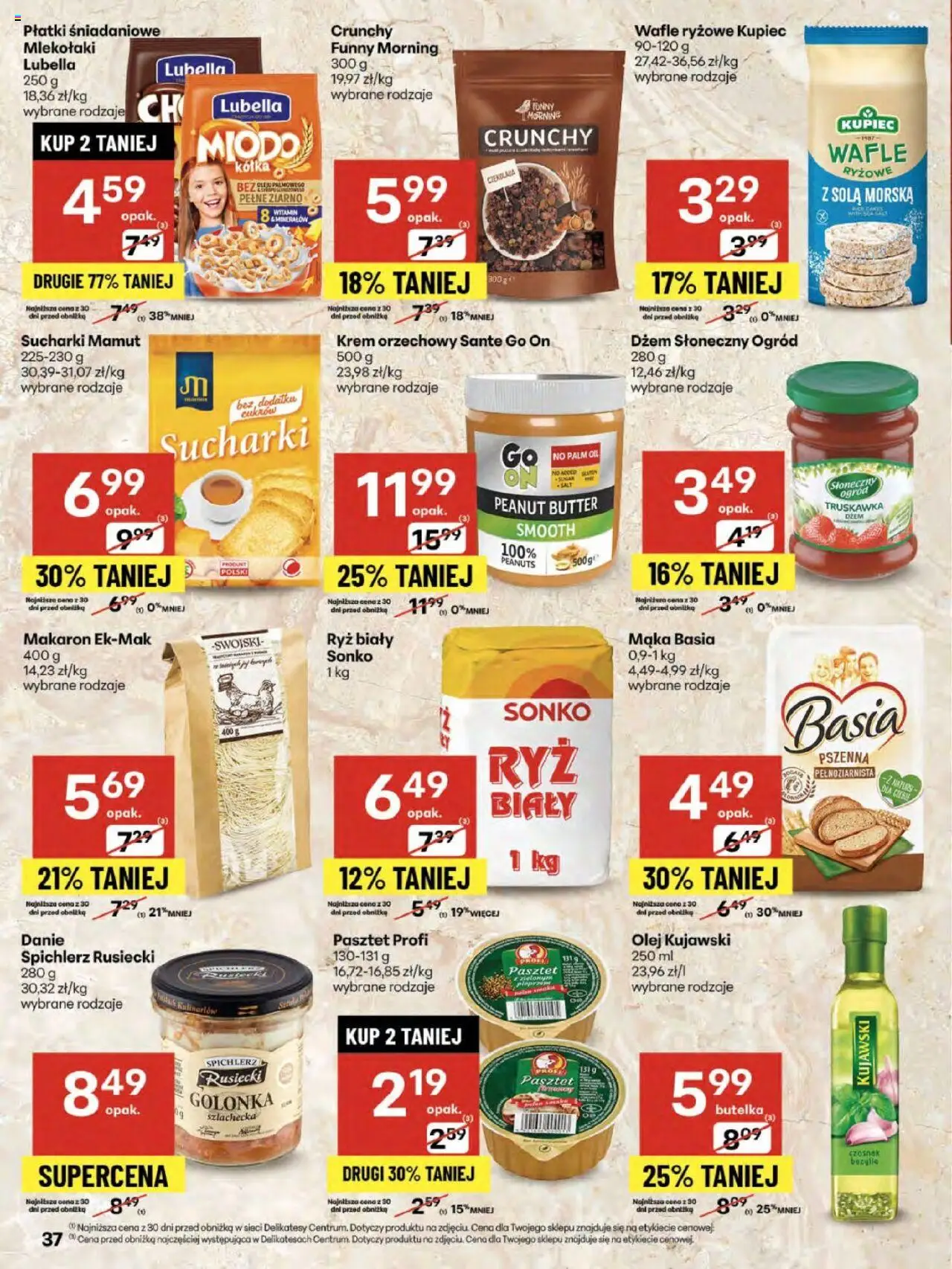 Delikatesy Centrum Gazetka od 21.08.2025 | Strona: 37 | Produkty: Krem orzechowy, Płatki śniadaniowe, Czekolada, Makaron