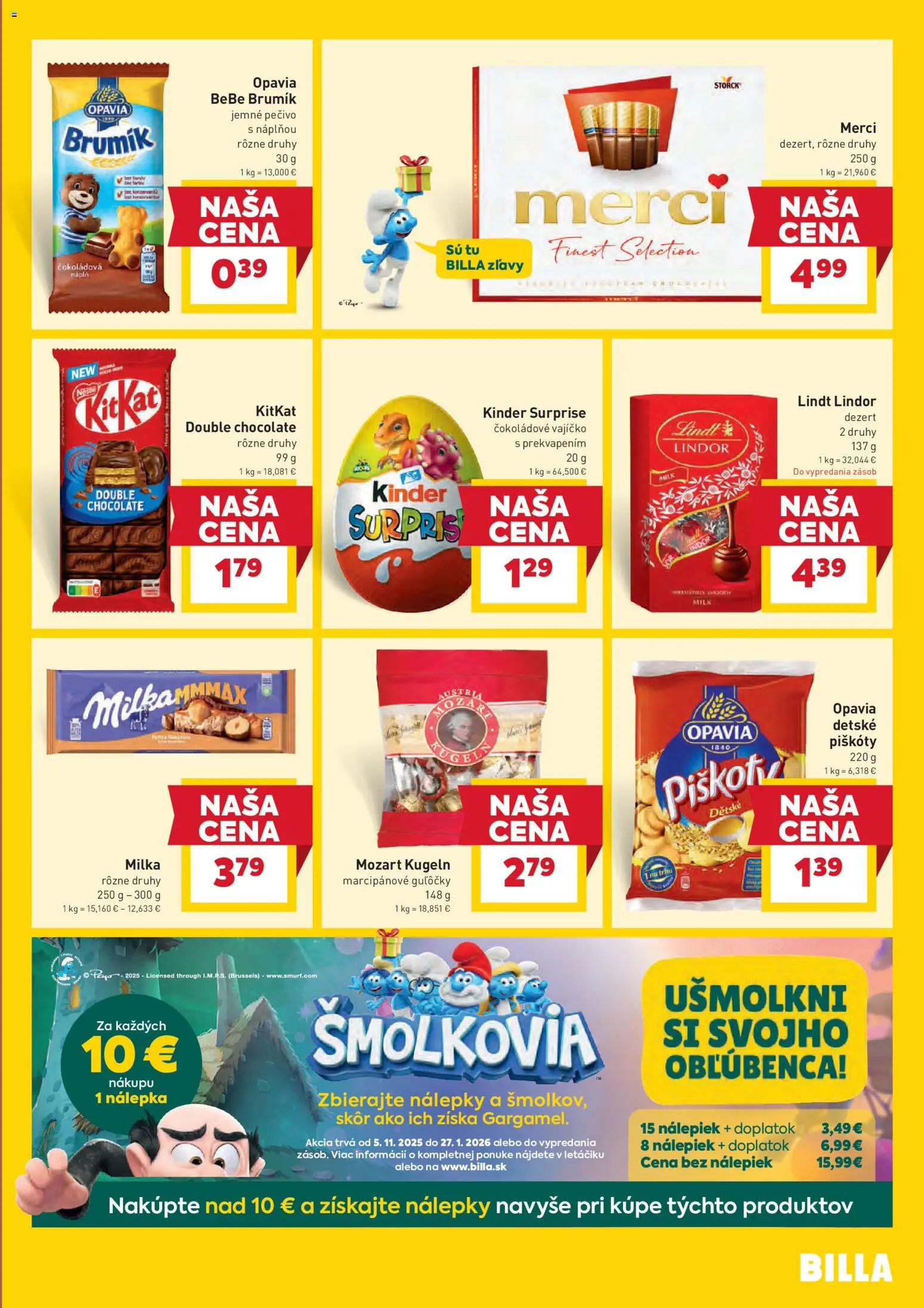 Nové Billa akcie – leták je platný od 14.01.2026 | Strana: 15 | Produkty: Lindt, Kinder, Kinder Surprise, Milka