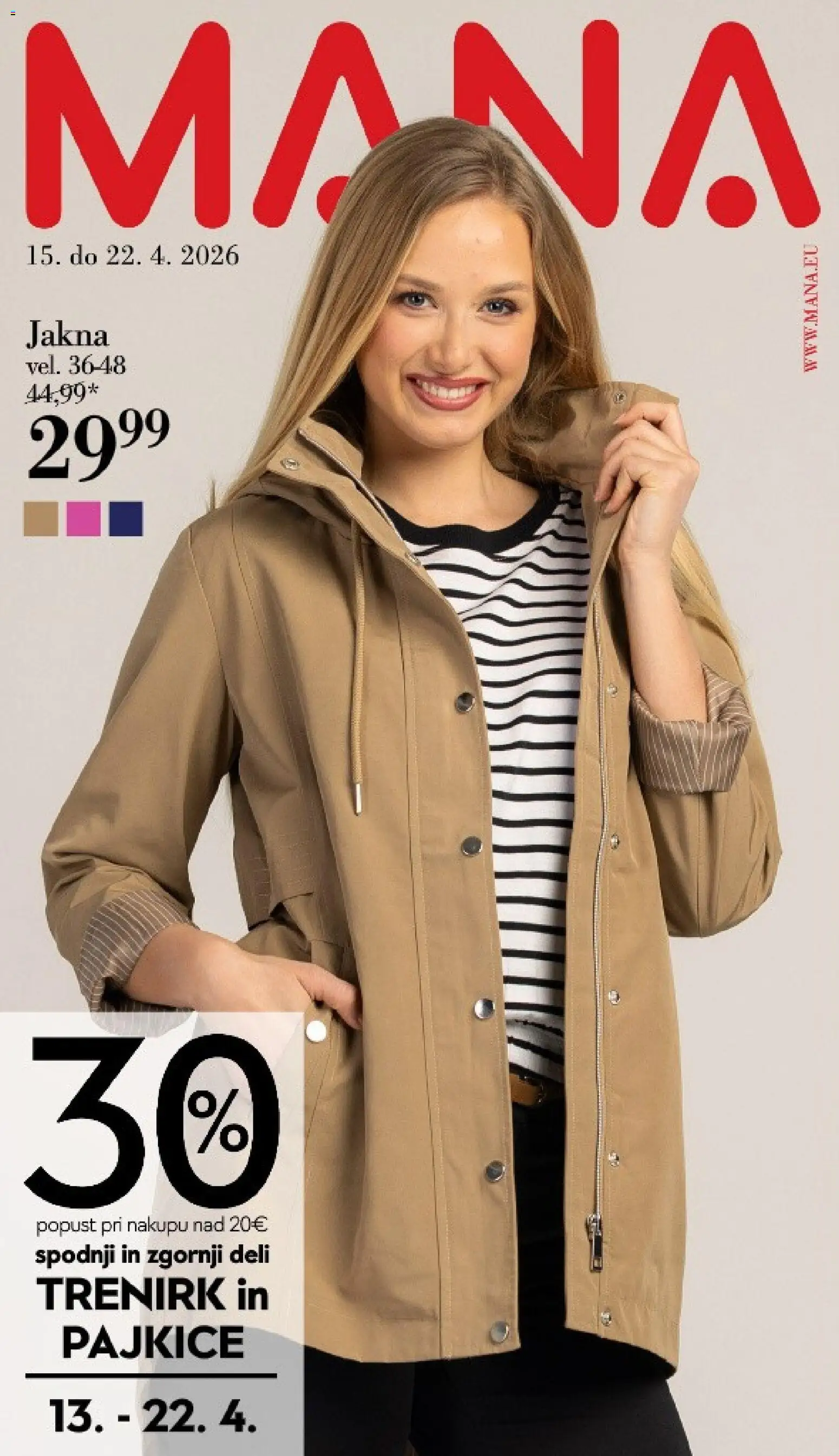 Novi Mana katalog ponudbe – veljaven od 15.04.2026 | Stran: 1 | Izdelki: Pajkice, Jakna
