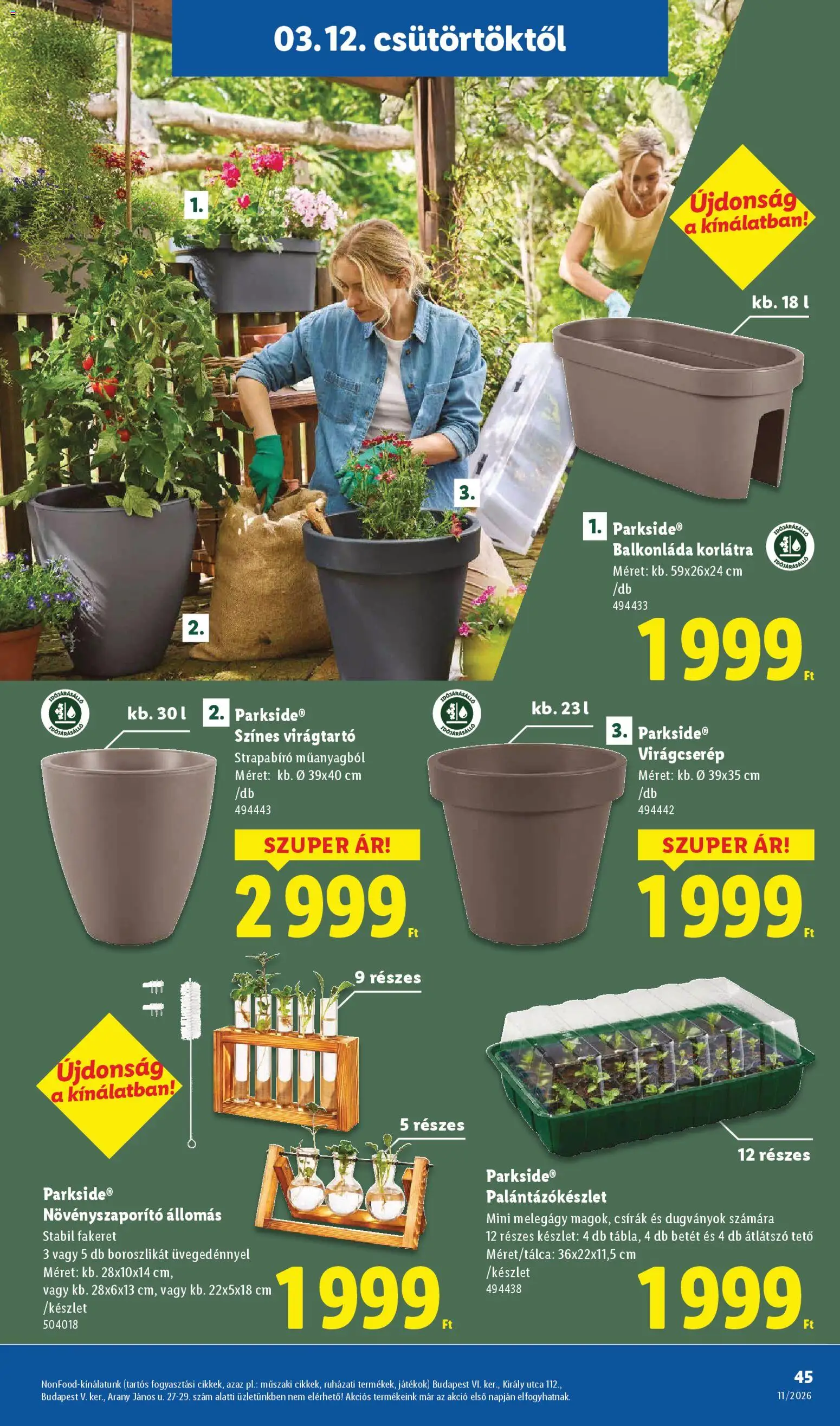 Lidl akciós ujság - amely érvényes a következő dátumtól: 12.03.2026 | Oldal: 45 | Termékek: Parkside, Játékok, Virágcserép, Balkonláda