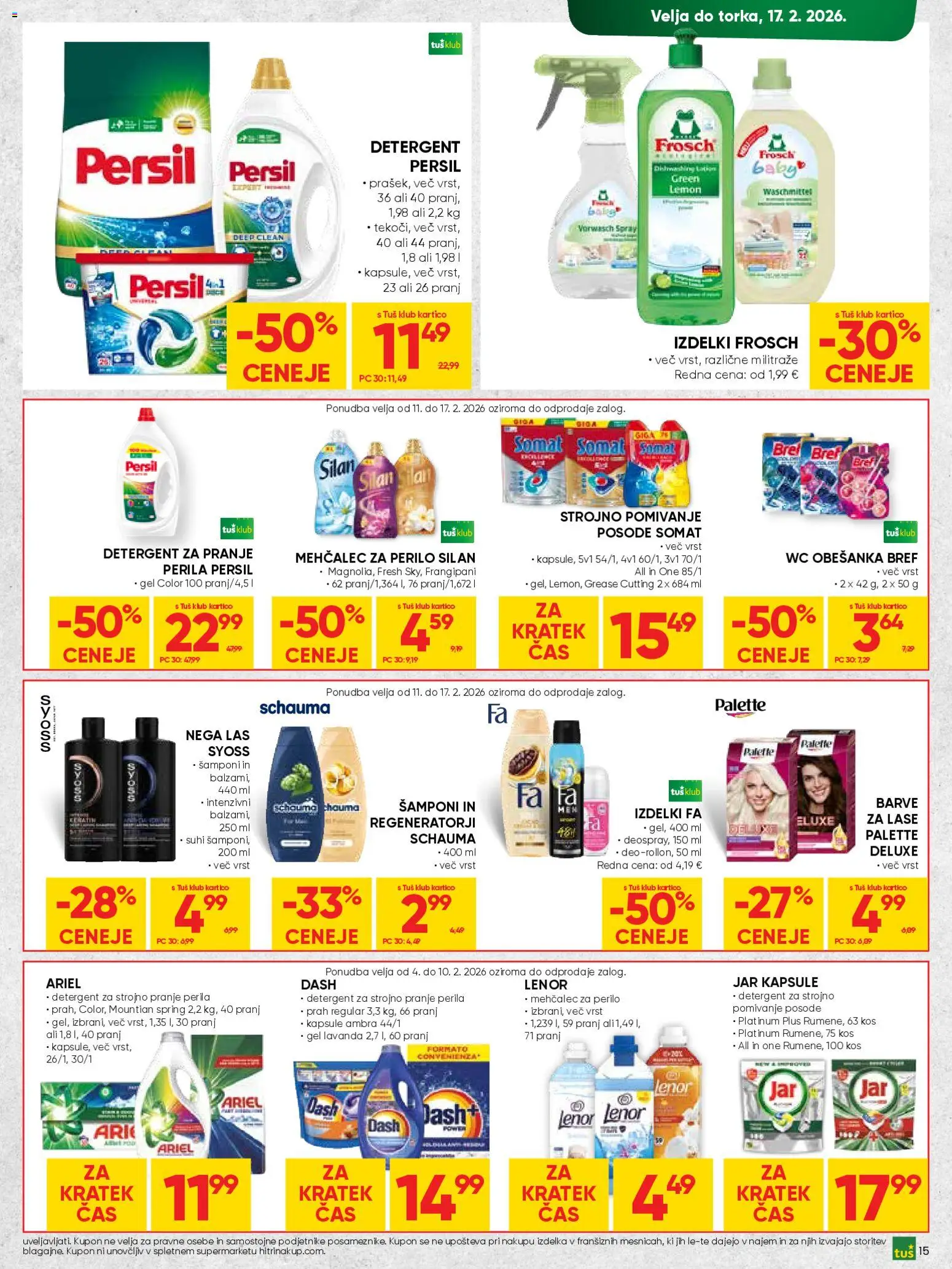 Novi Tuš katalog ponudbe – veljaven od 04.02.2026 | Stran: 15 | Izdelki: Mehčalec, Kos, Mehcalec za perilo, Detergent