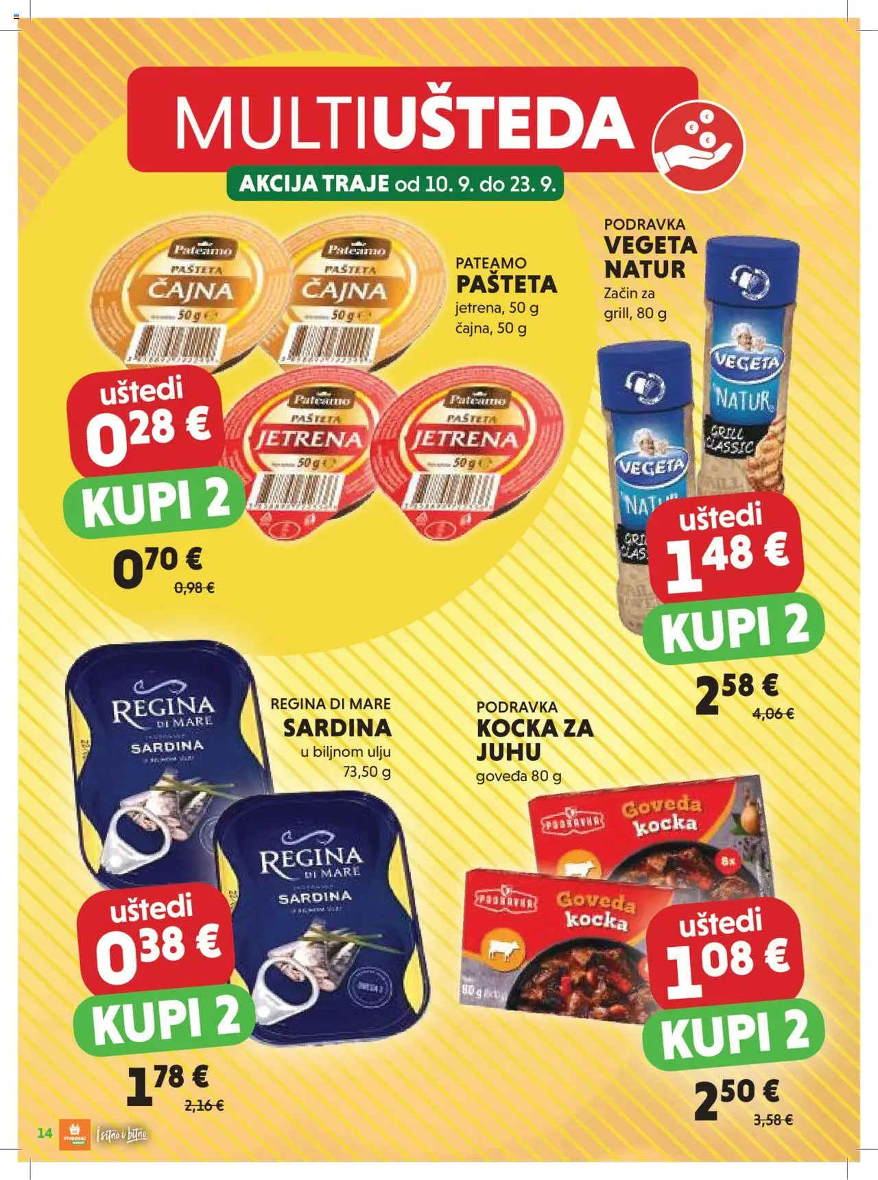 Studenac katalog | vrijedi od 10.09.2025 | Stranica: 14 | Proizvodi: Podravka, Pašteta, Sardina, Vegeta