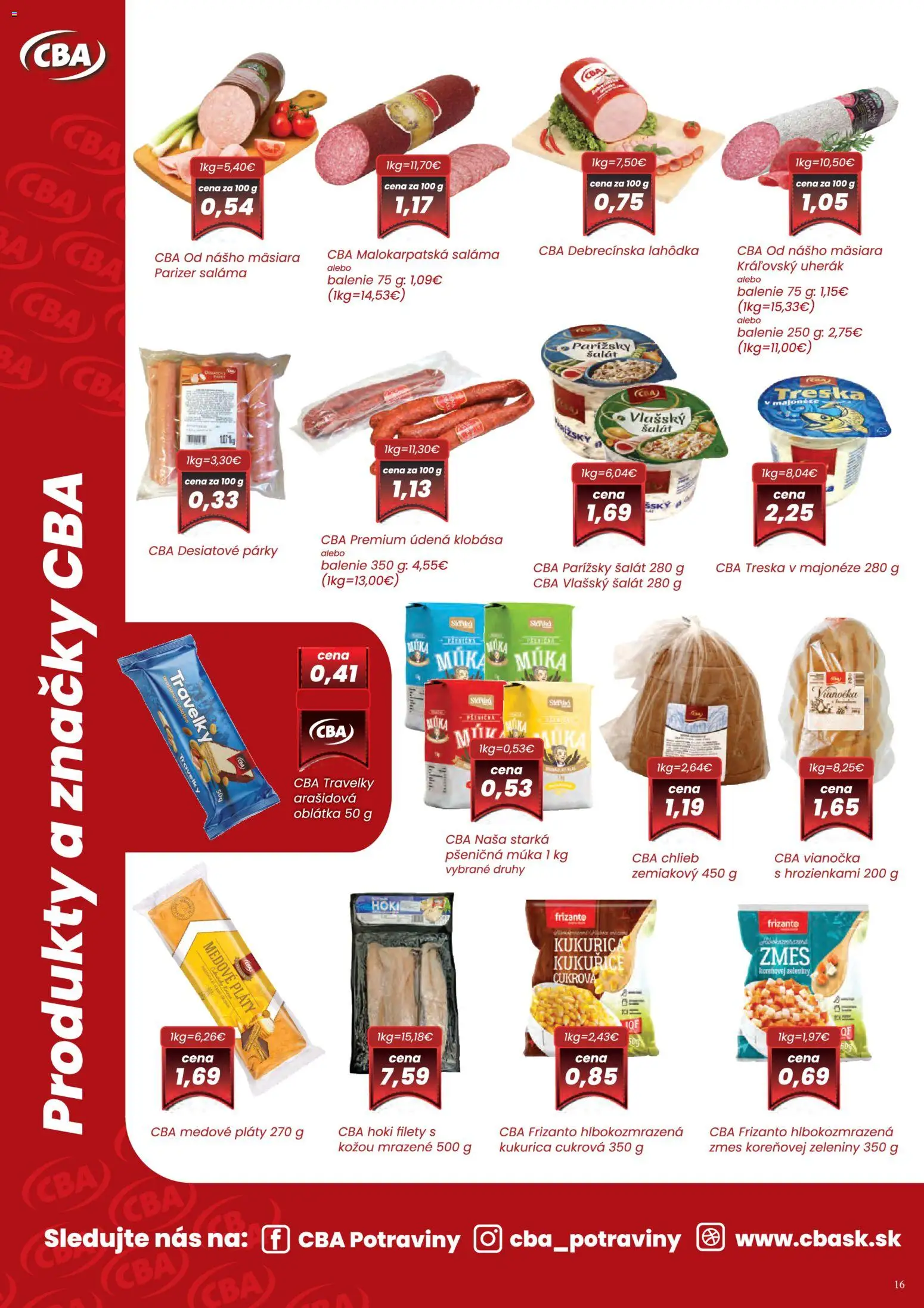 Nové CBA Komfos akcie – leták je platný od 01.12.2025 | Strana: 16 | Produkty: Saláma, Vianočka, Múka, Treska