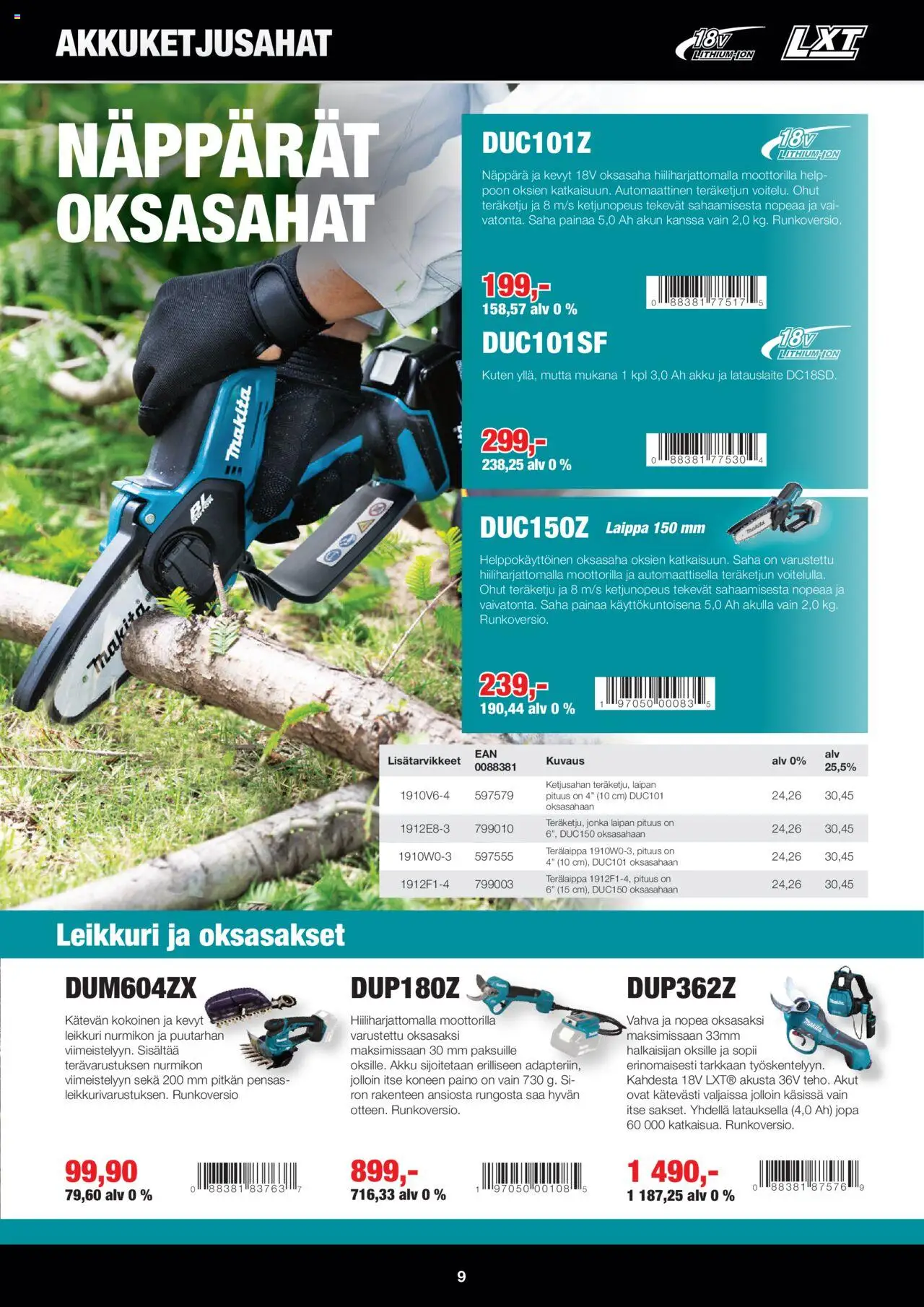 Makita tarjoukset - LXT Puutarha 2025 – voimassa 08.05.2025 alkaen | Sivu: 9 | Tuotteet: Leikkuri, Oksasakset, Akku