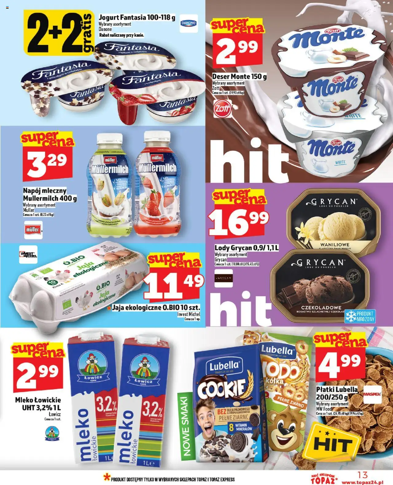 Topaz Gazetka od 23.10.2025 | Strona: 13 | Produkty: Lody Grycan, Gry, Mleko łowickie, Jaja