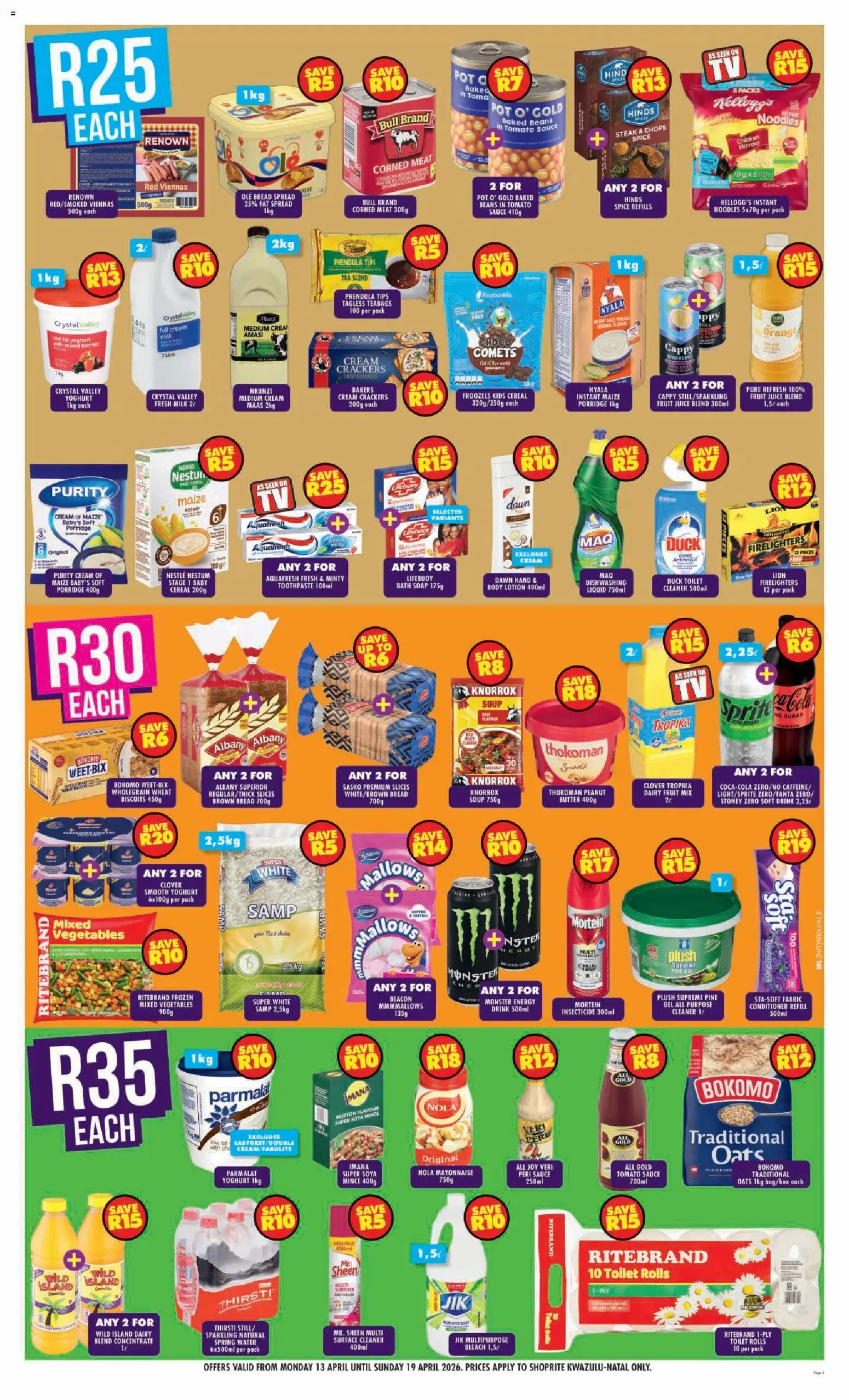 New Shoprite catalogue – valid from 13.04.2026 | Page: 3 | Products: Beans, Yoghurt, Dairy blend, Sugar