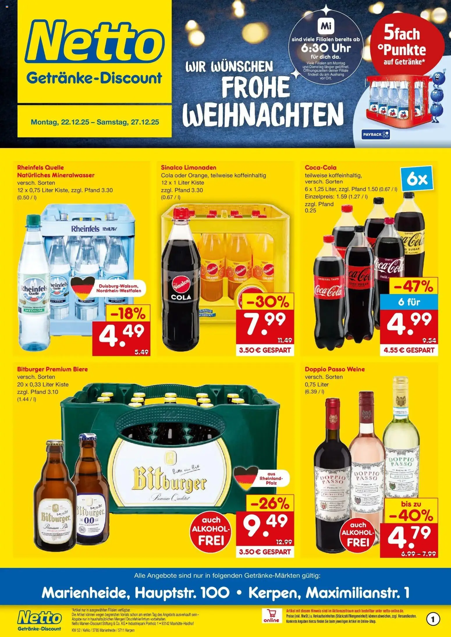 Netto Marken-Discount prospekt Marienheide	 – gültig ab 22.12.2025 | Seite: 1 | Produkte: Sinalco, Bitburger, Doppio Passo, Rheinfels quelle