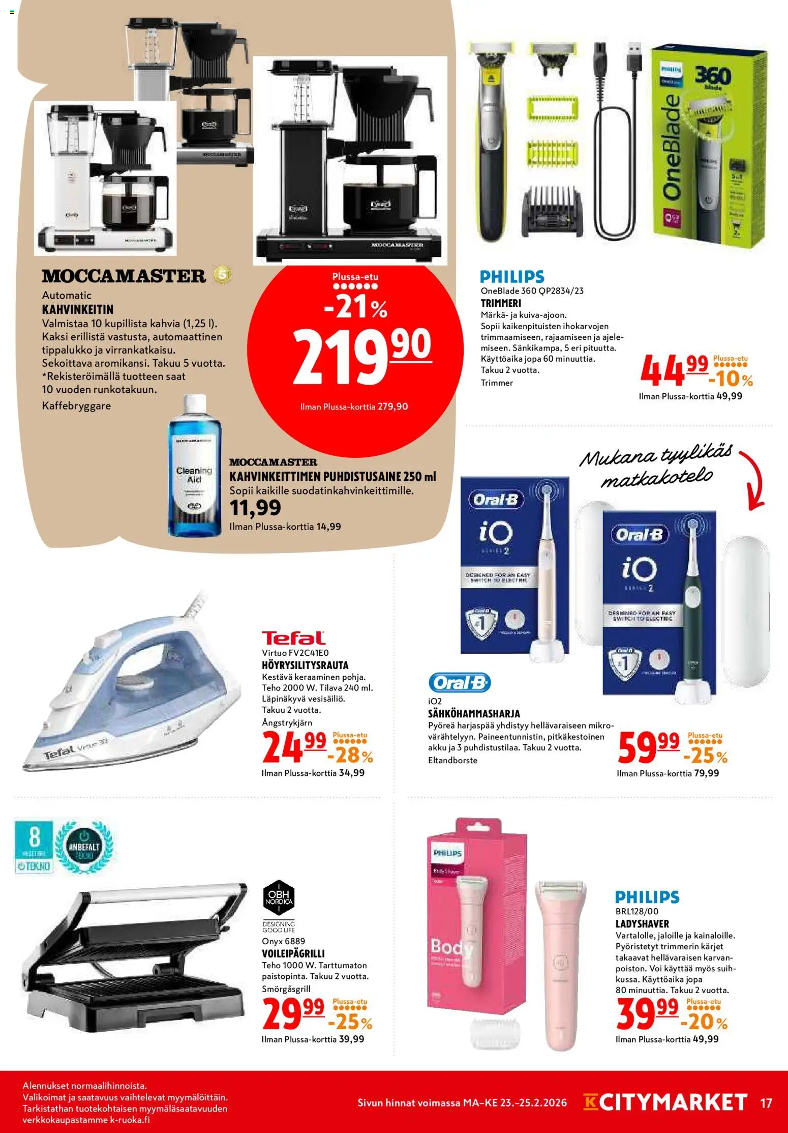 K-Citymarket tarjoukset – voimassa 23.05.2026 alkaen | Sivu: 17 | Tuotteet: Voileipägrilli, Voi, Trimmeri, Puhdistusaine
