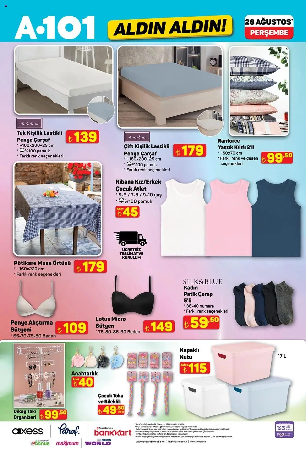 A101 Katalog Aldın Aldın - 28.08.2025 tarihinden itibaren geçerlidir | Sayfa: 4 | Ürünler: Kutu, Çarşaf, Atlet, Çorap