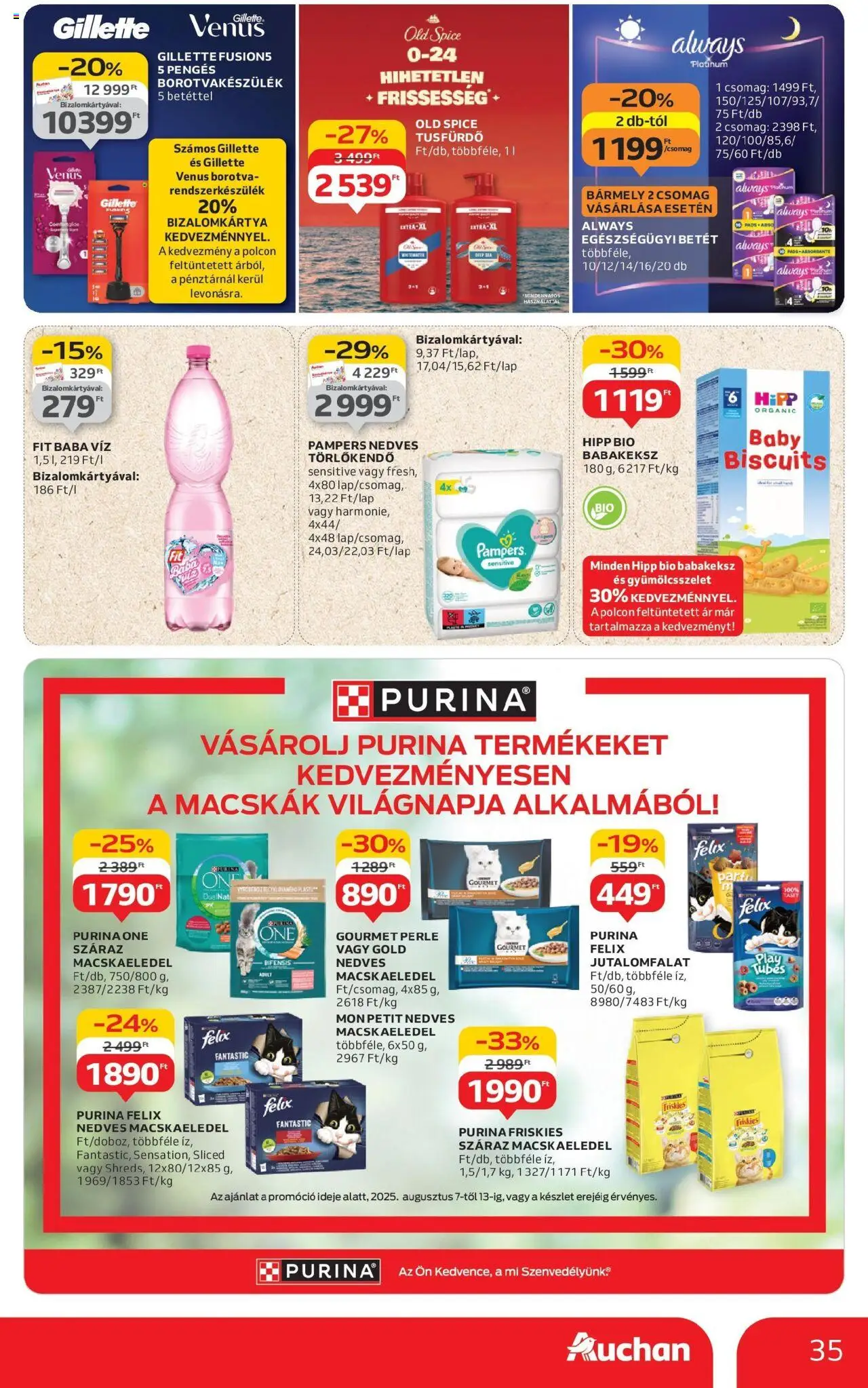 Auchan akciós ujság - amely érvényes a következő dátumtól: 07.08.2025 | Oldal: 35 | Termékek: Félix macskaeledel, Törlőkendő, Borotva, Tusfürdő
