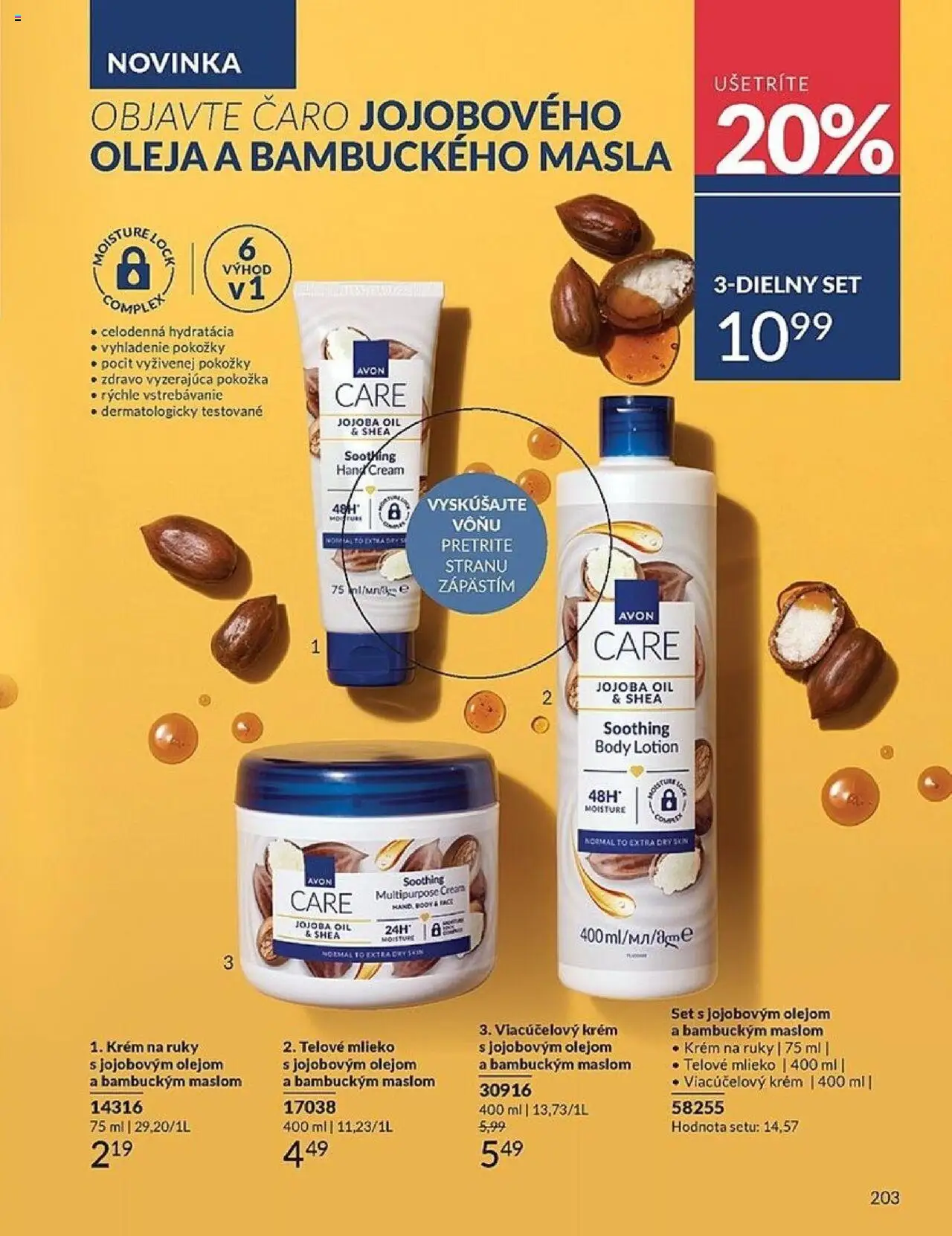 Nové Avon akcie – leták je platný od 01.10.2025 | Strana: 203 | Produkty: Telové mlieko, Krém na ruky, Caro, Krém