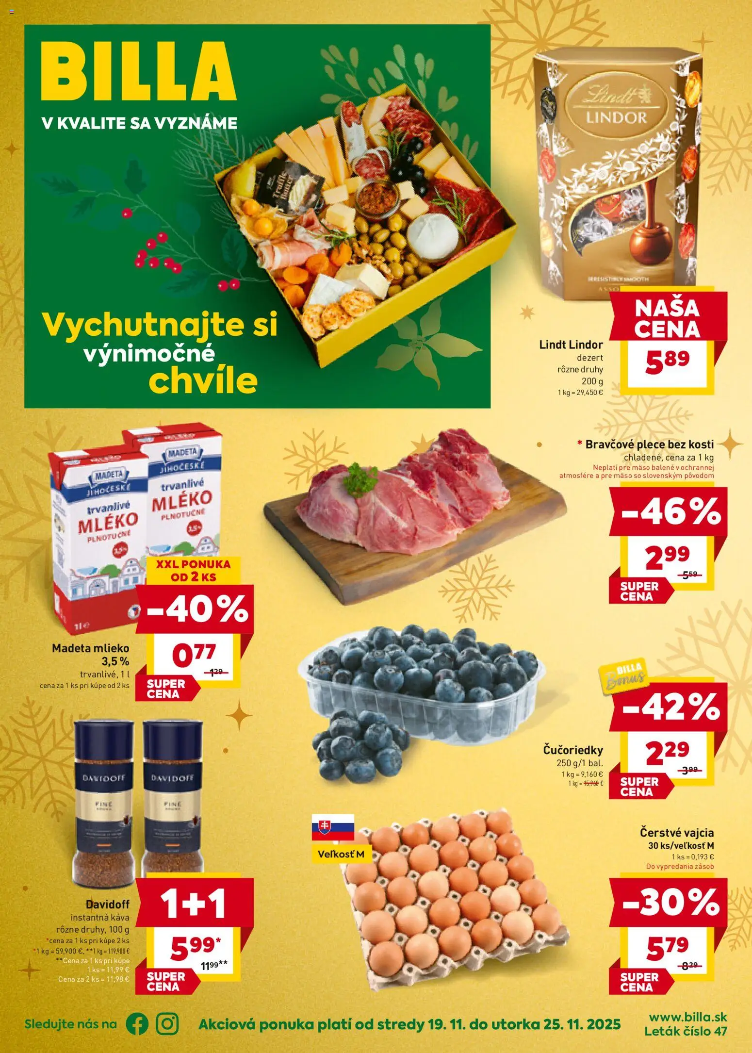 Nové Billa akcie – leták je platný od 19.11.2025 | Strana: 1 | Produkty: Mlieko, Vajcia, Bravčové plece, Čučoriedky
