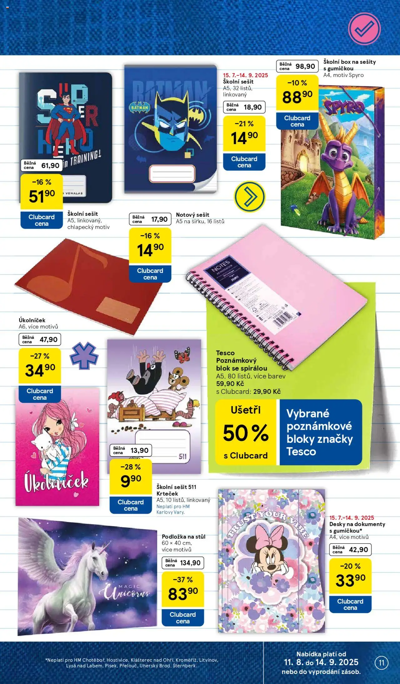 Tesco katalog od 11.08.2025 | Strana: 11 | Produkty: Sešit, Blok, Stůl, Desky