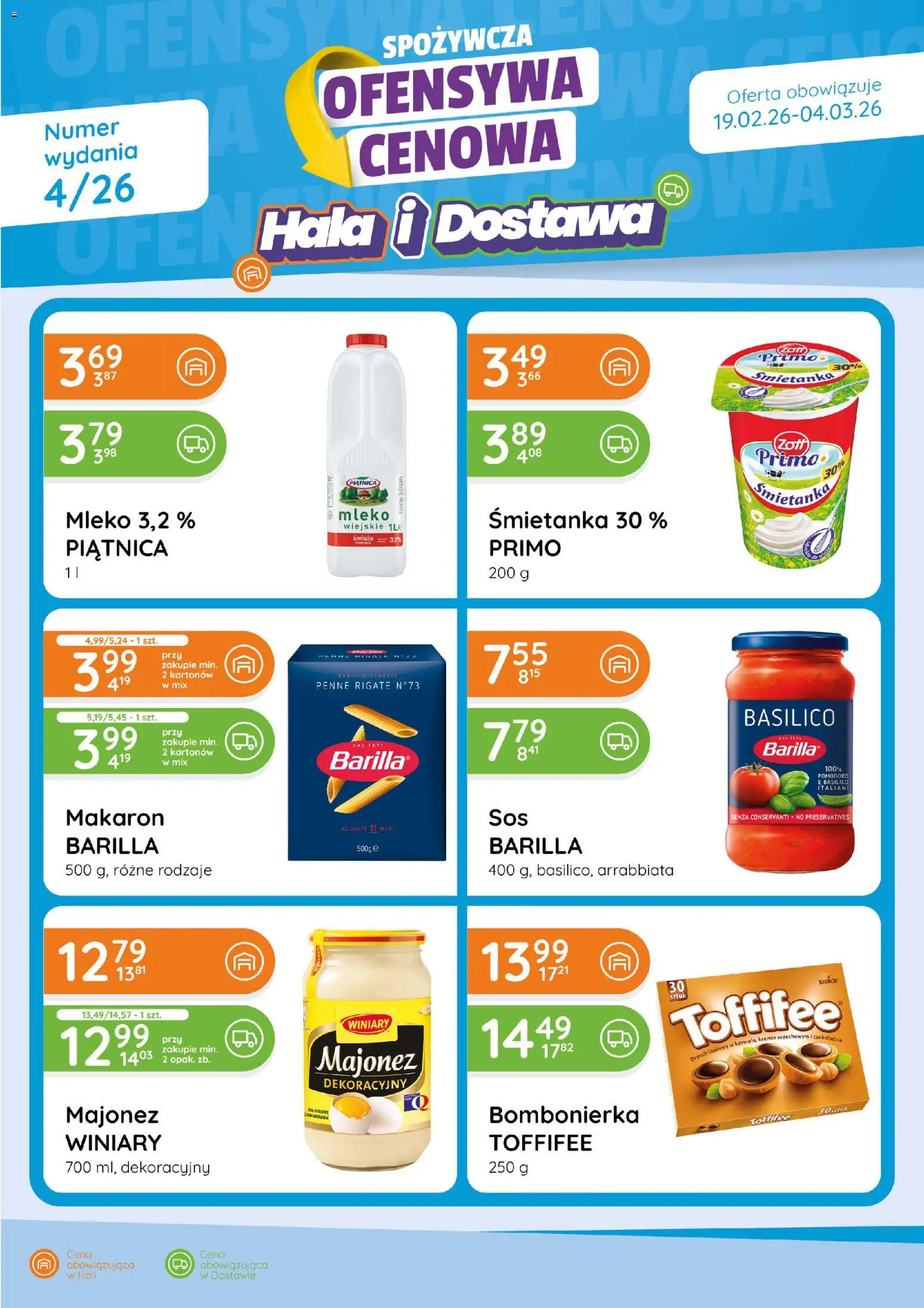 Eurocash Gazetka - Ofensywa Spożywcza od 19.02.2026 | Strona: 1 | Produkty: Penne, Toffifee, Mleko, Makaron