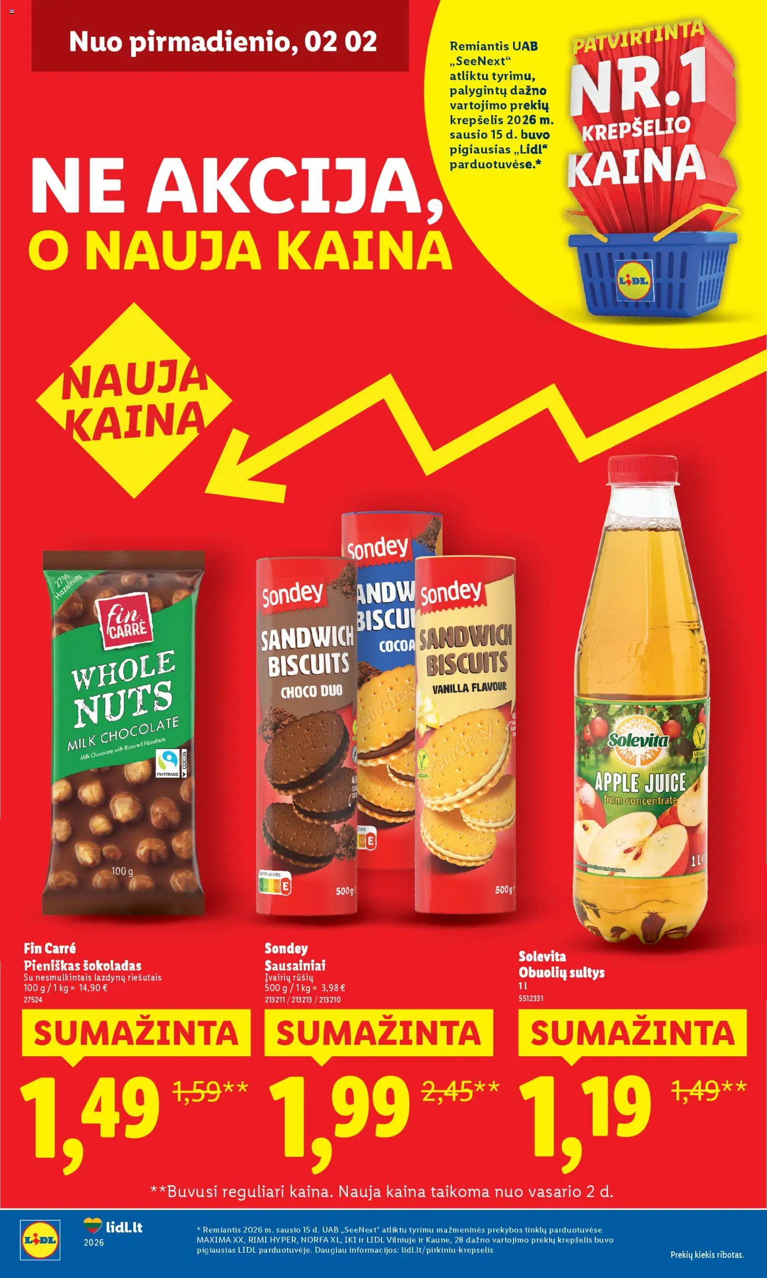 LIDL akcijos nuo 02.01.2026 | Puslapis: 1 | Prekių: Sausainiai, Šokoladas, Sultys, Krepšelis