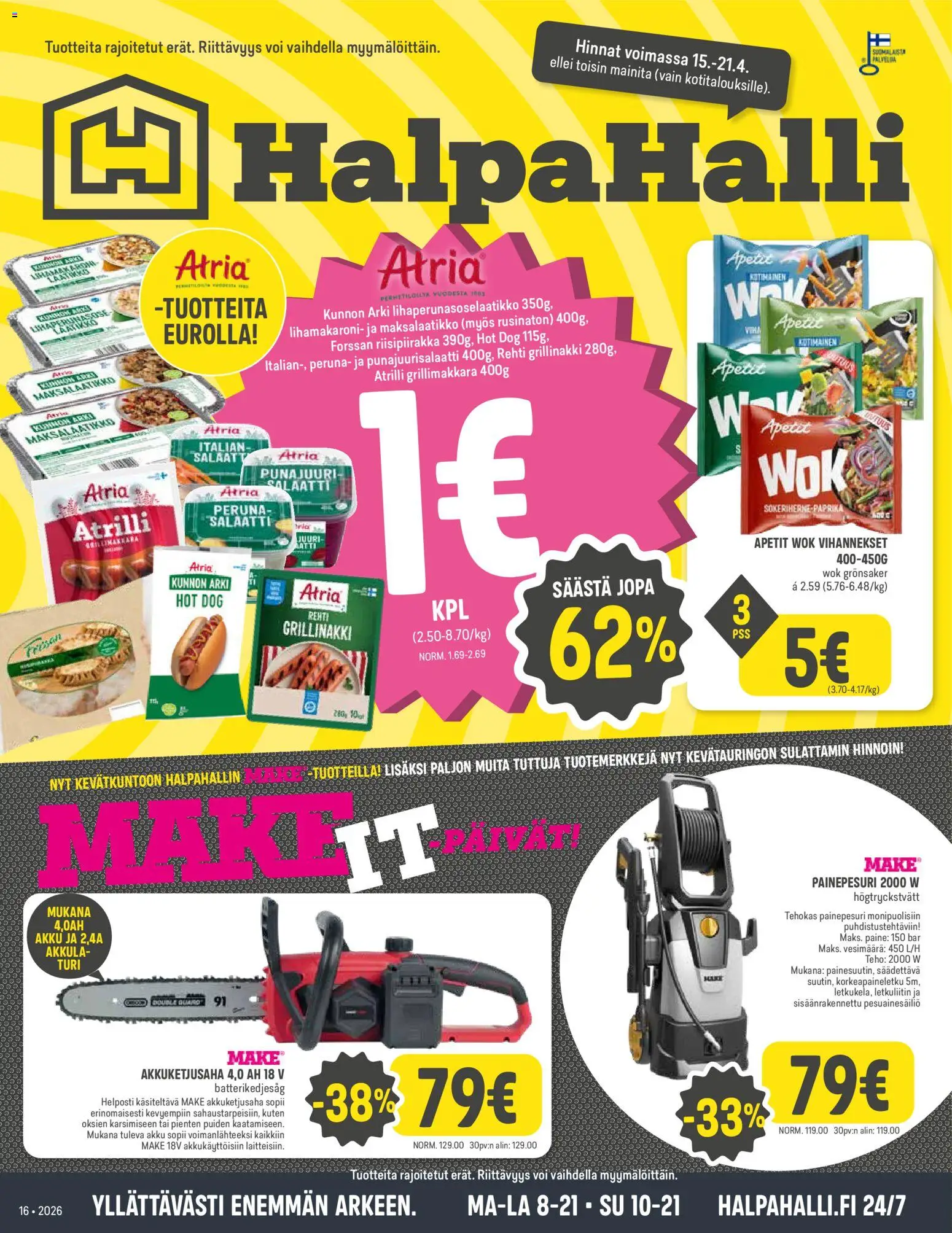 Halpa Halli tarjoukset – voimassa 15.04.2026 alkaen | Sivu: 1 | Tuotteet: Akku, Voi, Grillimakkara, Salaatti