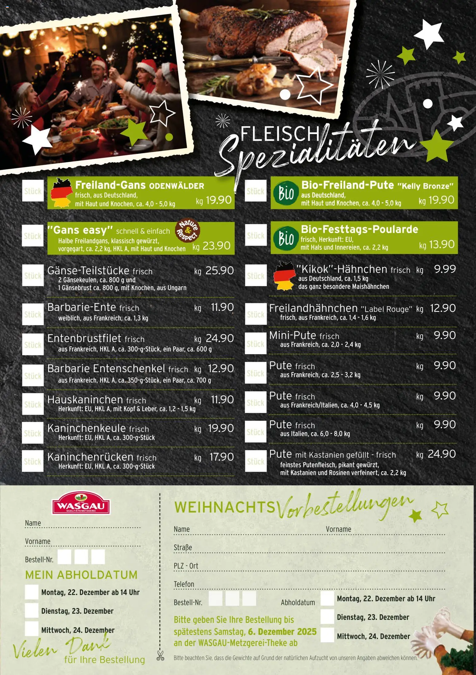 Wasgau Bestellschein Metzgerei – gültig ab 28.11.2025 | Seite: 2 | Produkte: Pute, Rosinen, Fleisch, Telefon
