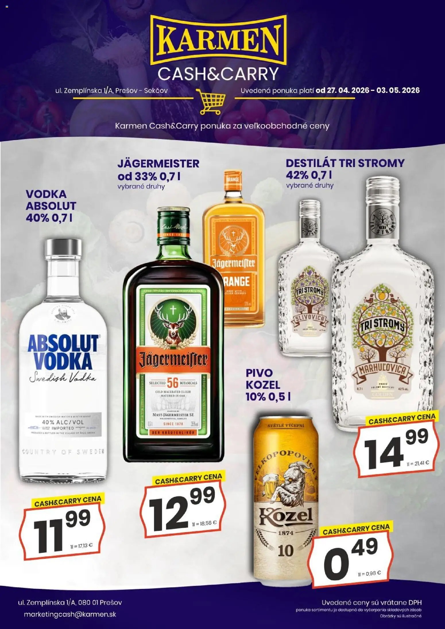 Nové KARMEN CBA akcie – leták je platný od 27.04.2026 | Strana: 1 | Produkty: Jägermeister, Pivo, Slivovica, Vodka