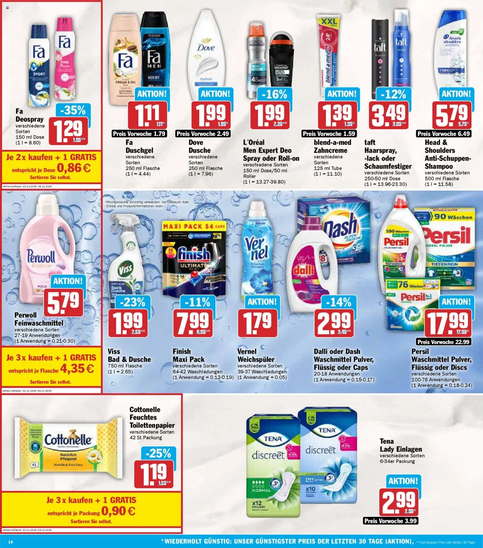 AEZ Prospekt 	 – gültig ab 03.11.2025 | Seite: 14 | Produkte: Dusche, Perwoll, Deospray, Feuchtes Toilettenpapier