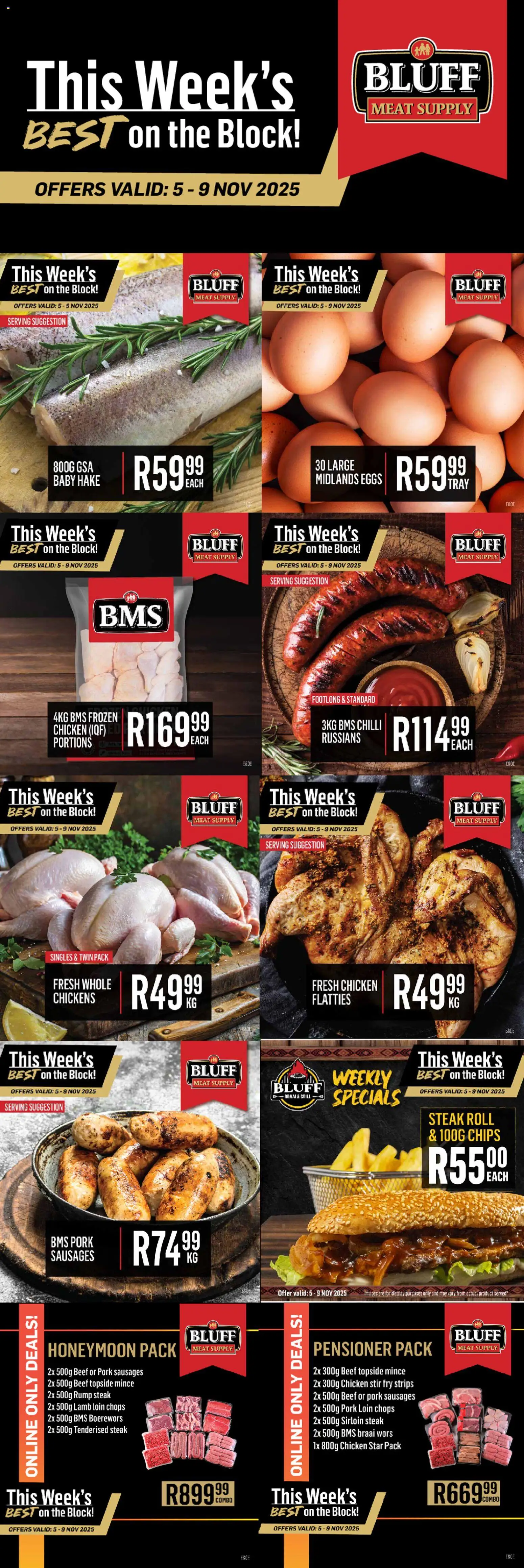 New Bluff Meat Supply catalogue – valid from 05.11.2025 | Page: 1 | Products: Chicken, Beef, Chips, Chilli