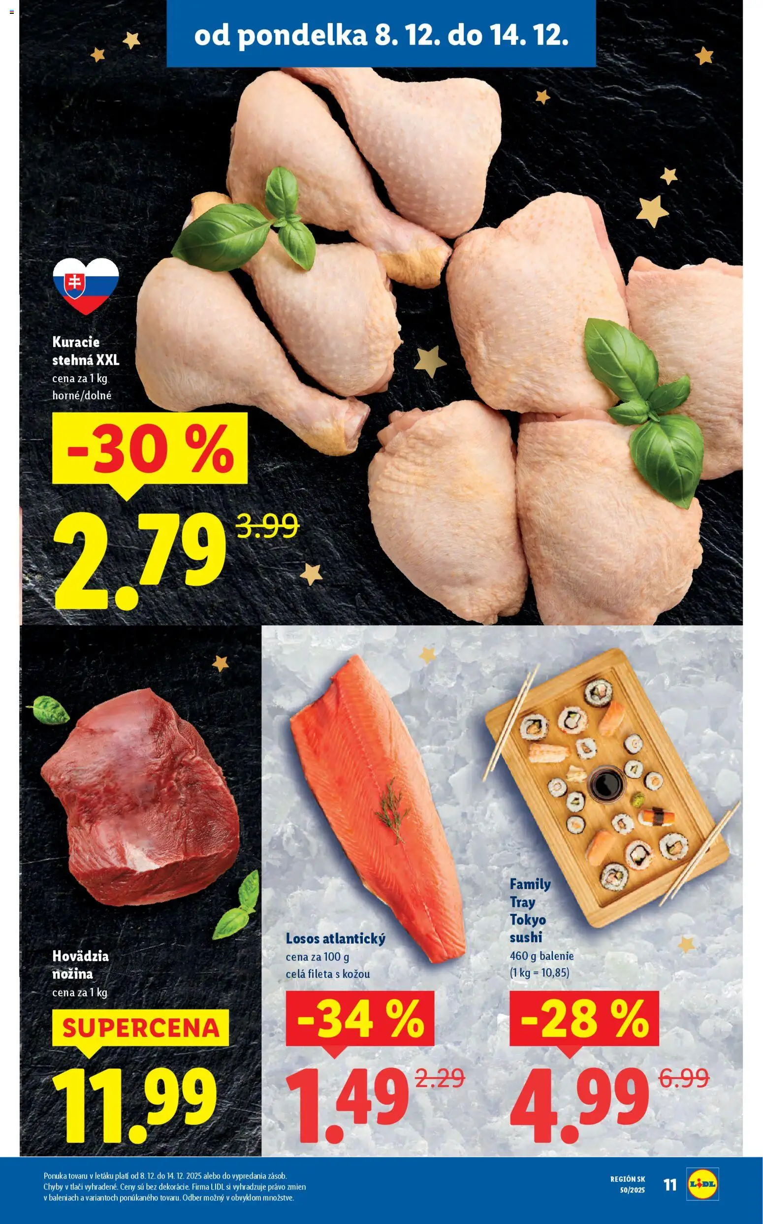 Nové Lidl akcie – leták je platný od 11.12.2025 | Strana: 45 | Produkty: Kuracie stehná, Losos, Sushi
