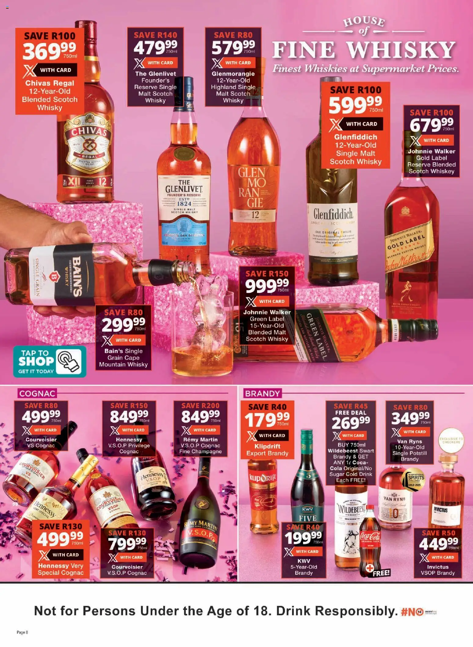 New Checkers catalogue – valid from 23.03.2026 | Page: 8 | Products: Brandy, Tap, Sugar, Ensalada de quino