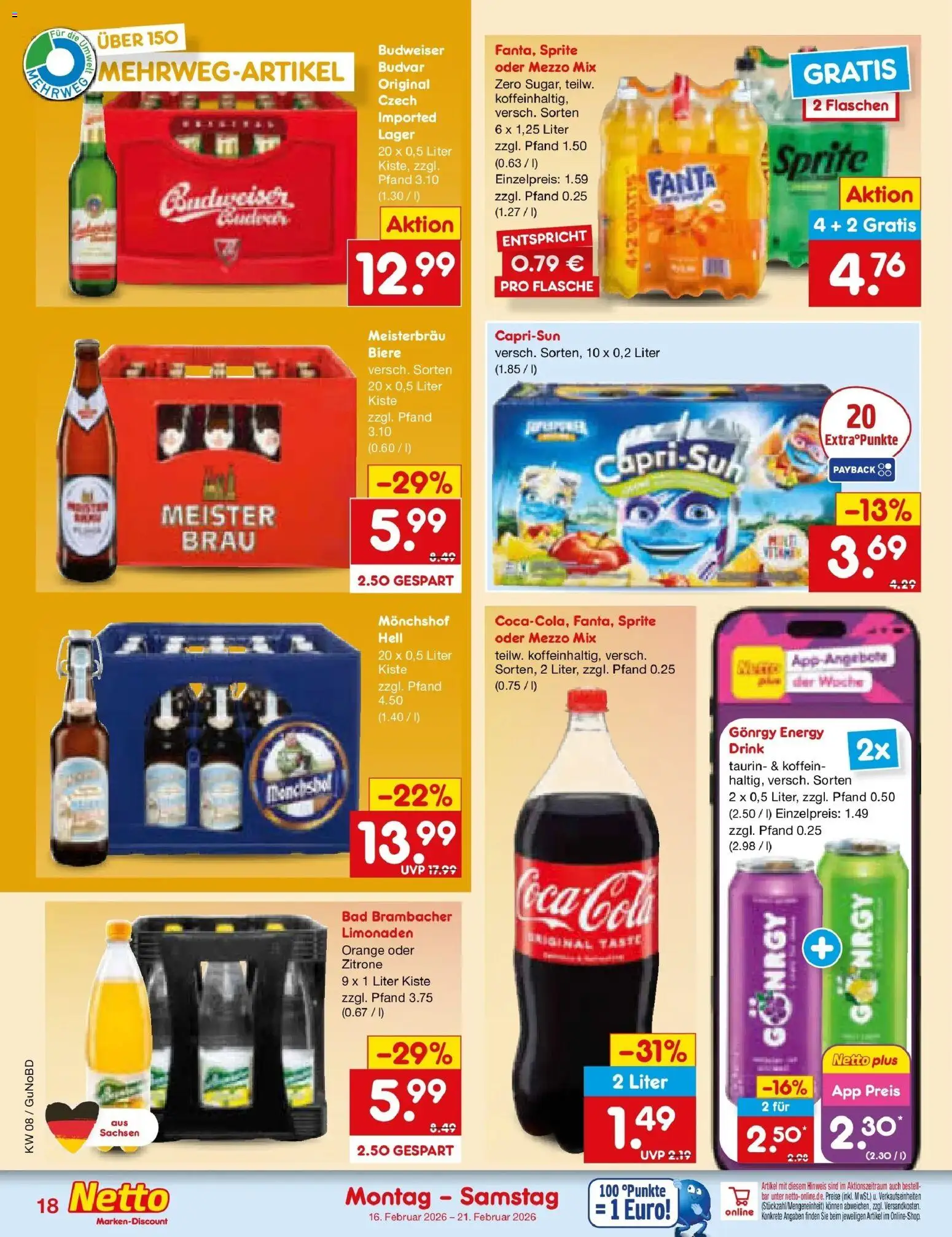 Netto Marken-Discount prospekt Augustusburg	 – gültig ab 16.02.2026 | Seite: 22 | Produkte: Coca cola, Fanta, Sprite, Budweiser