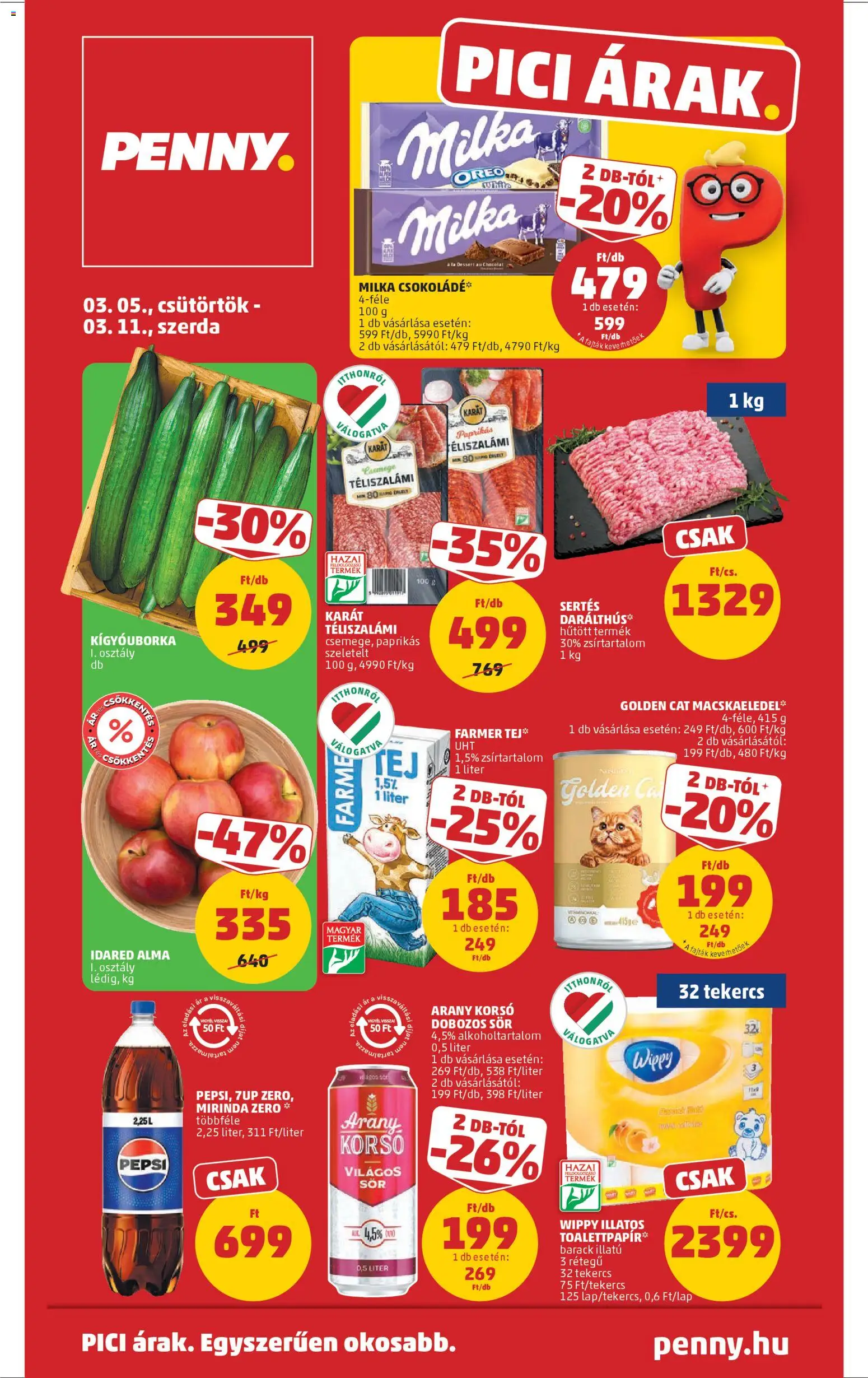 PENNY akciós ujság - amely érvényes a következő dátumtól: 05.03.2026 | Oldal: 1 | Termékek: Farmer, Macskaeledel, Dobozos sör, Sör