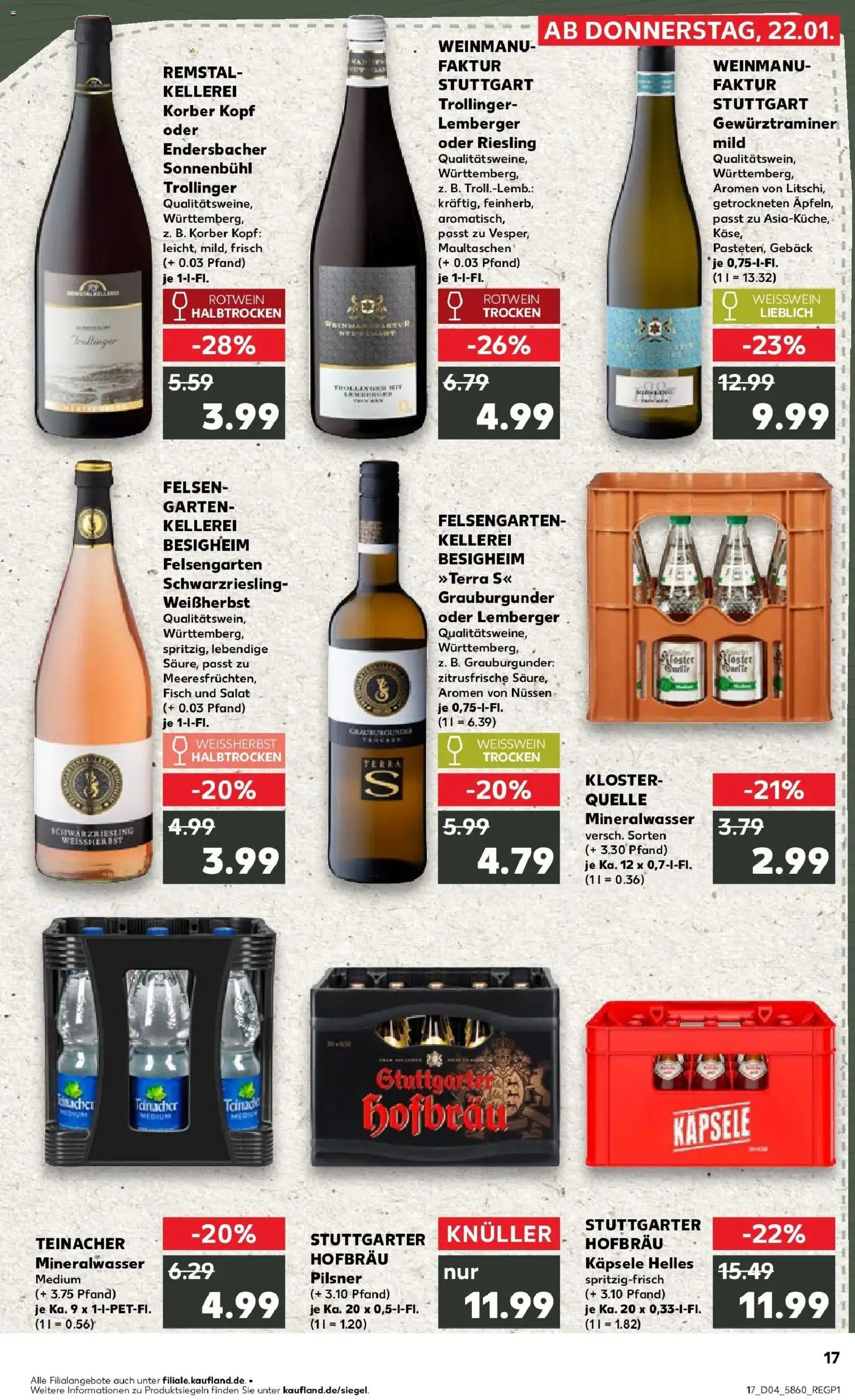 Kaufland prospekt Stuttgart	 – gültig ab 22.01.2026 | Seite: 17 | Produkte: Weißwein, Rotwein, Mineralwasser, Salat
