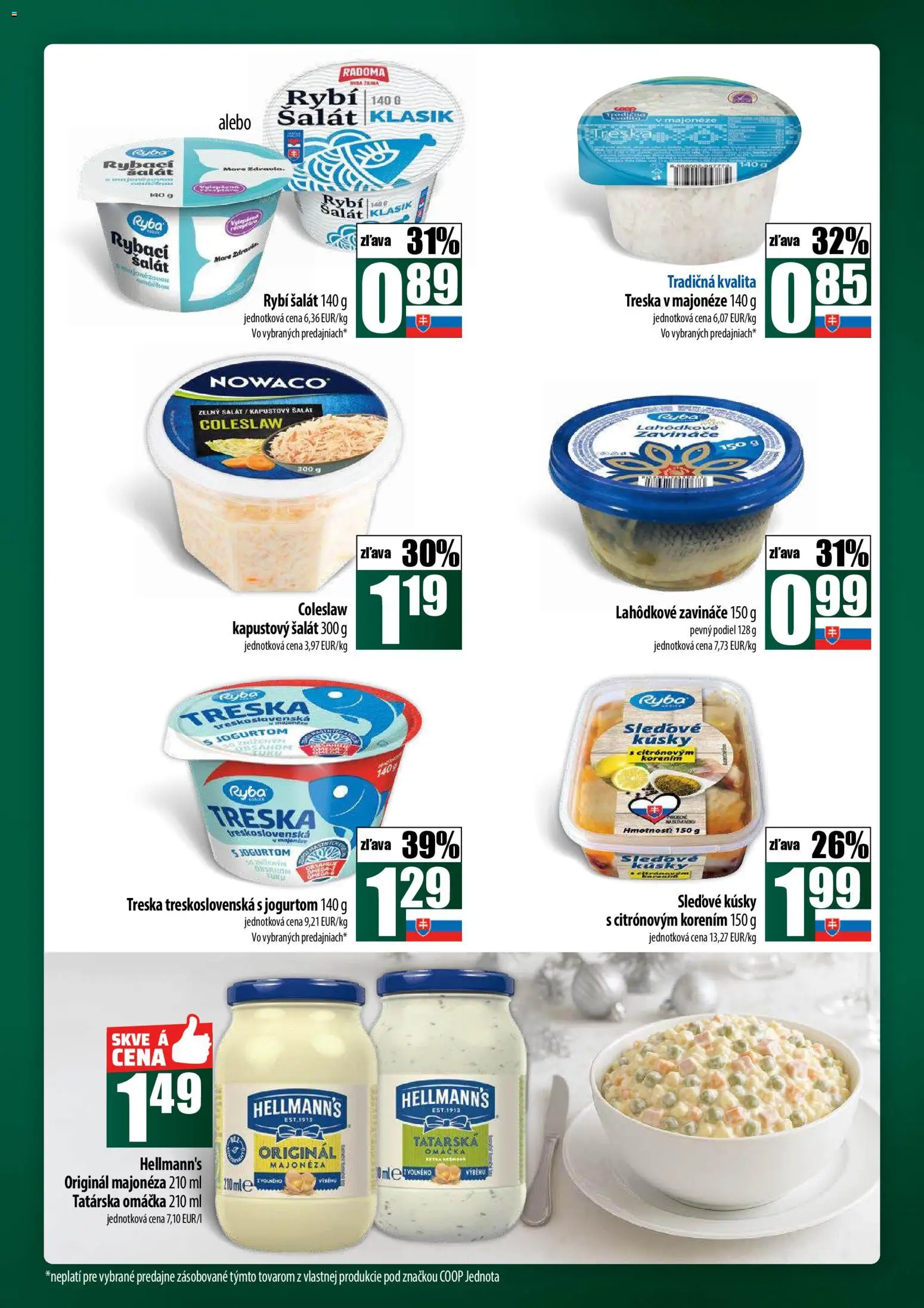 Nové COOP Jednota akcie – leták je platný od 27.11.2025 | Strana: 11 | Produkty: Šalát, Tatárska omáčka, Omáčka, Treska