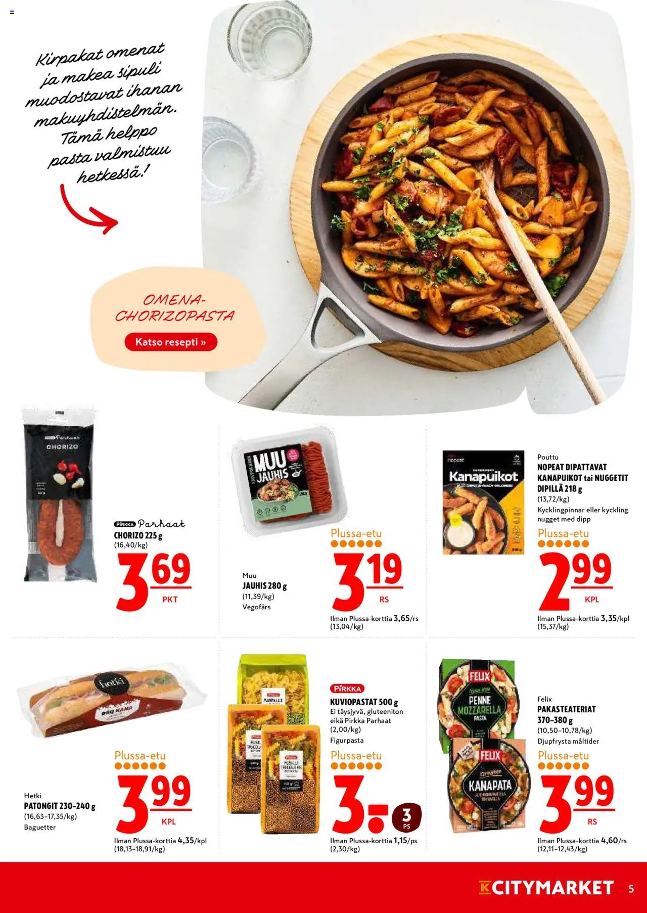 K-Citymarket tarjoukset – voimassa 06.10.2025 alkaen | Sivu: 5 | Tuotteet: Mozzarella, Chorizo, Omenat, Pasta