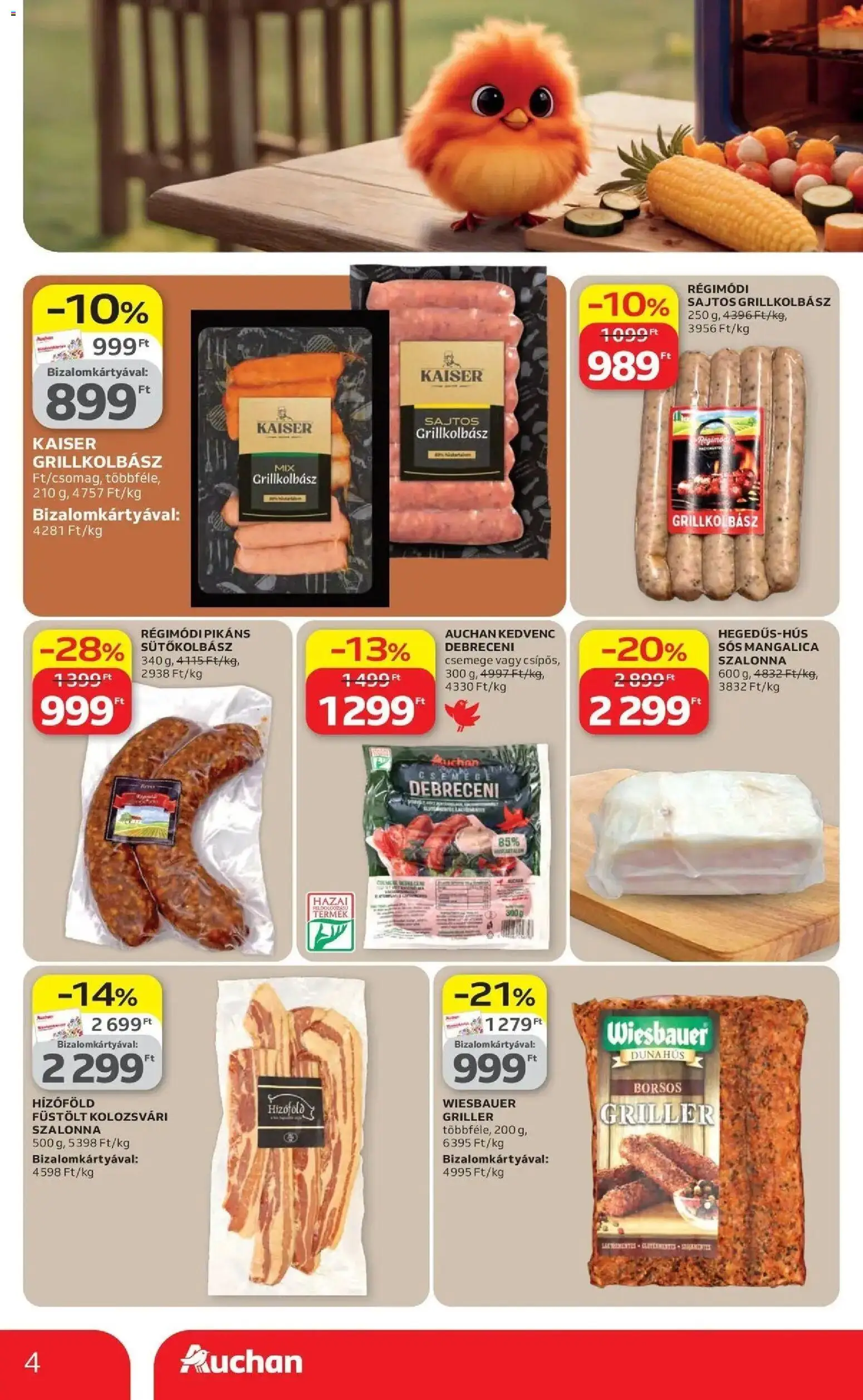 Auchan akciós ujság - amely érvényes a következő dátumtól: 16.04.2026 | Oldal: 4 | Termékek: Grillkolbász, Debreceni, Szalonna