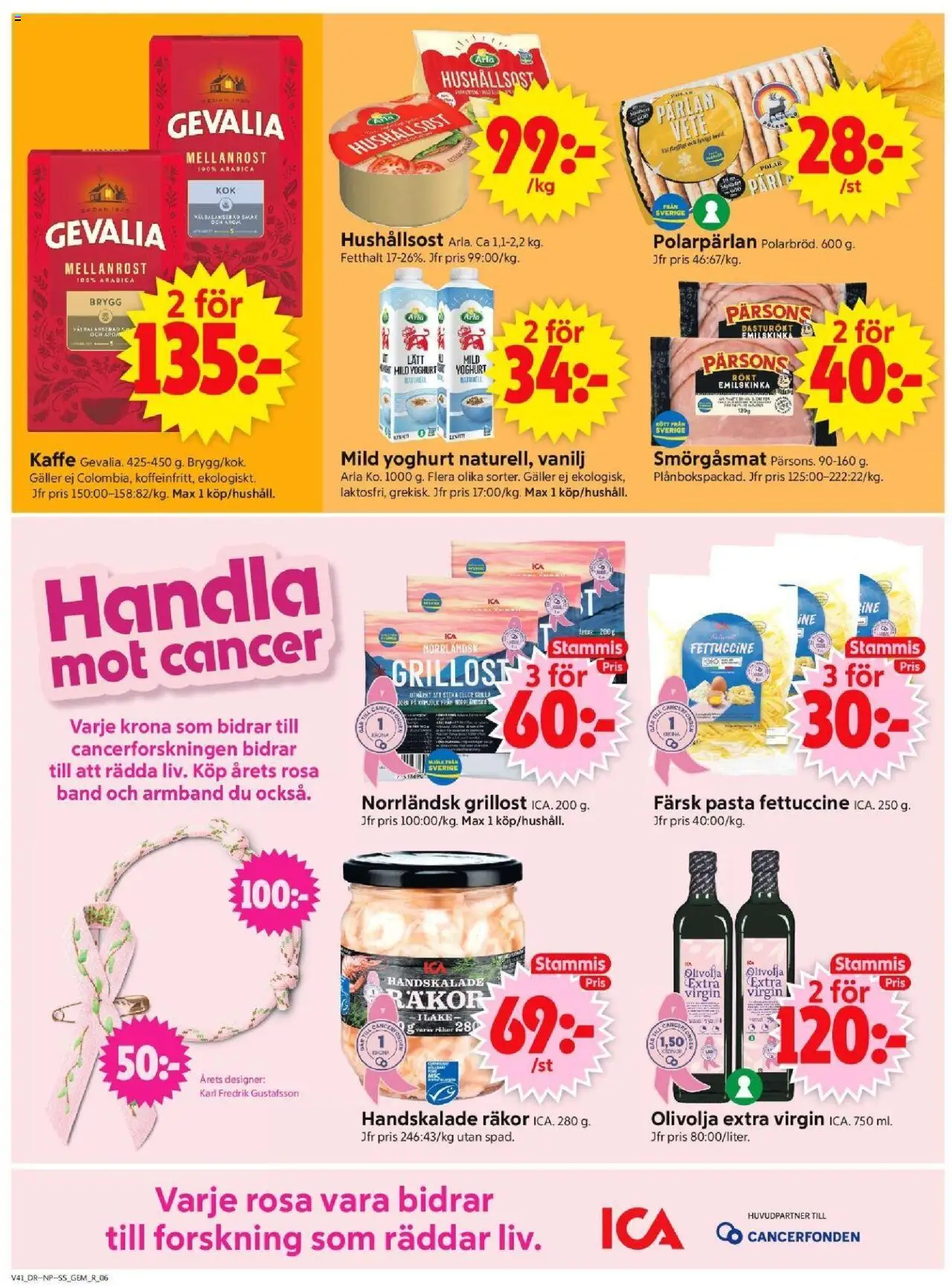 ICA Supermarket reklamblad aktuell från 06.10.2025 | Sida: 8 | Produkter: Grillost, Räkor, Kaffe, Pasta