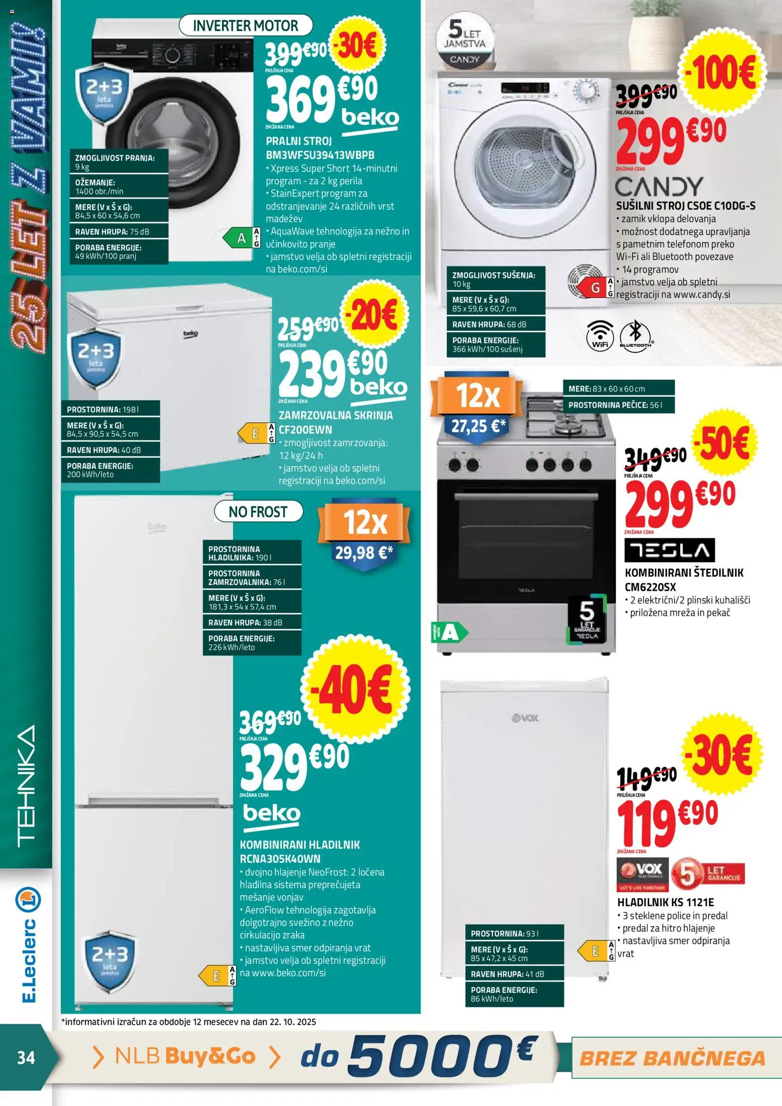 Novi E.leclerc katalog ponudbe – veljaven od 05.11.2025 | Stran: 34 | Izdelki: Hladilnik, Pralni stroj, Susilni stroj, Štedilnik