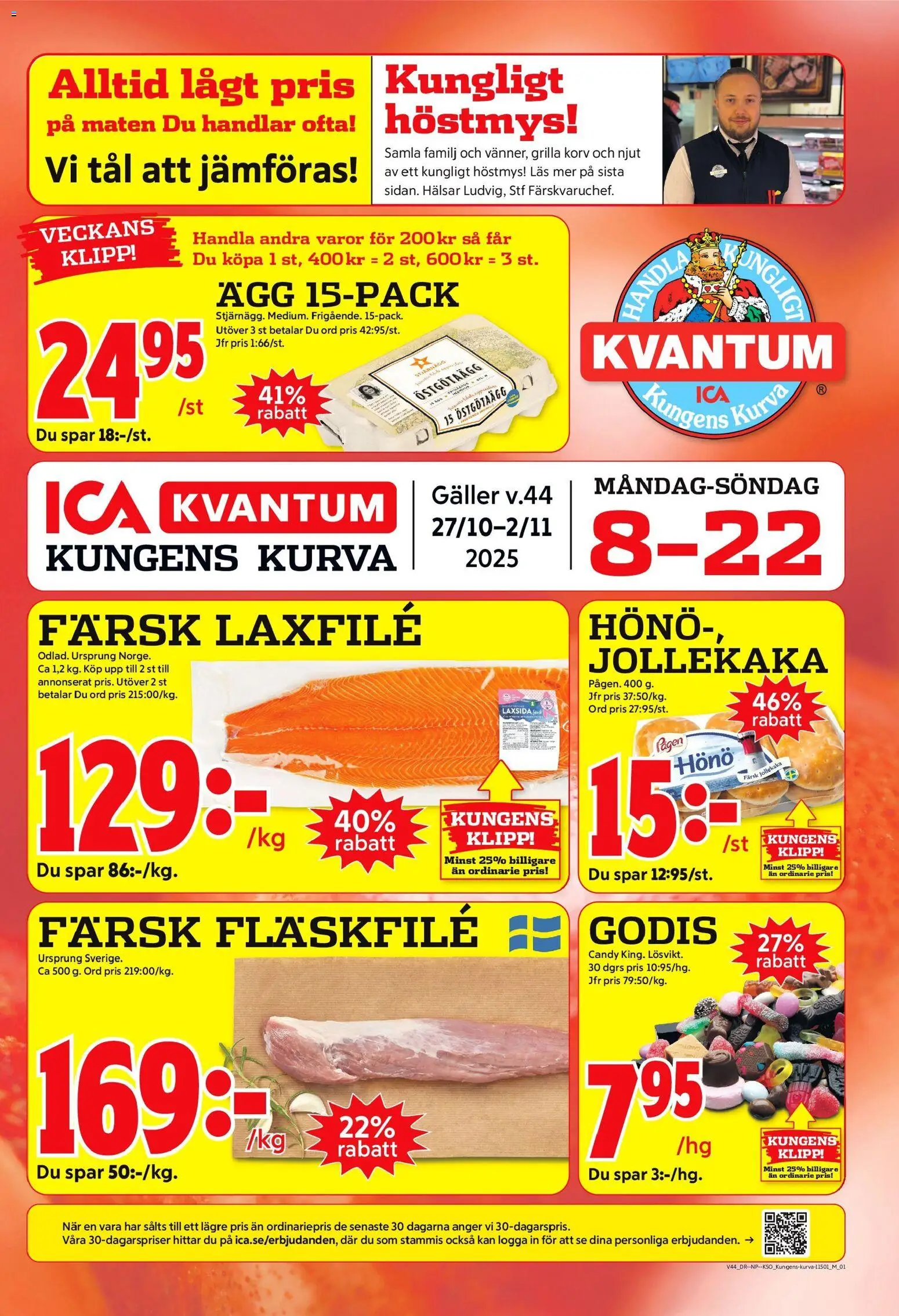 ICA Kvantum reklamblad aktuell från 27.10.2025 | Sida: 1 | Produkter: Galler, Ägg, Godis