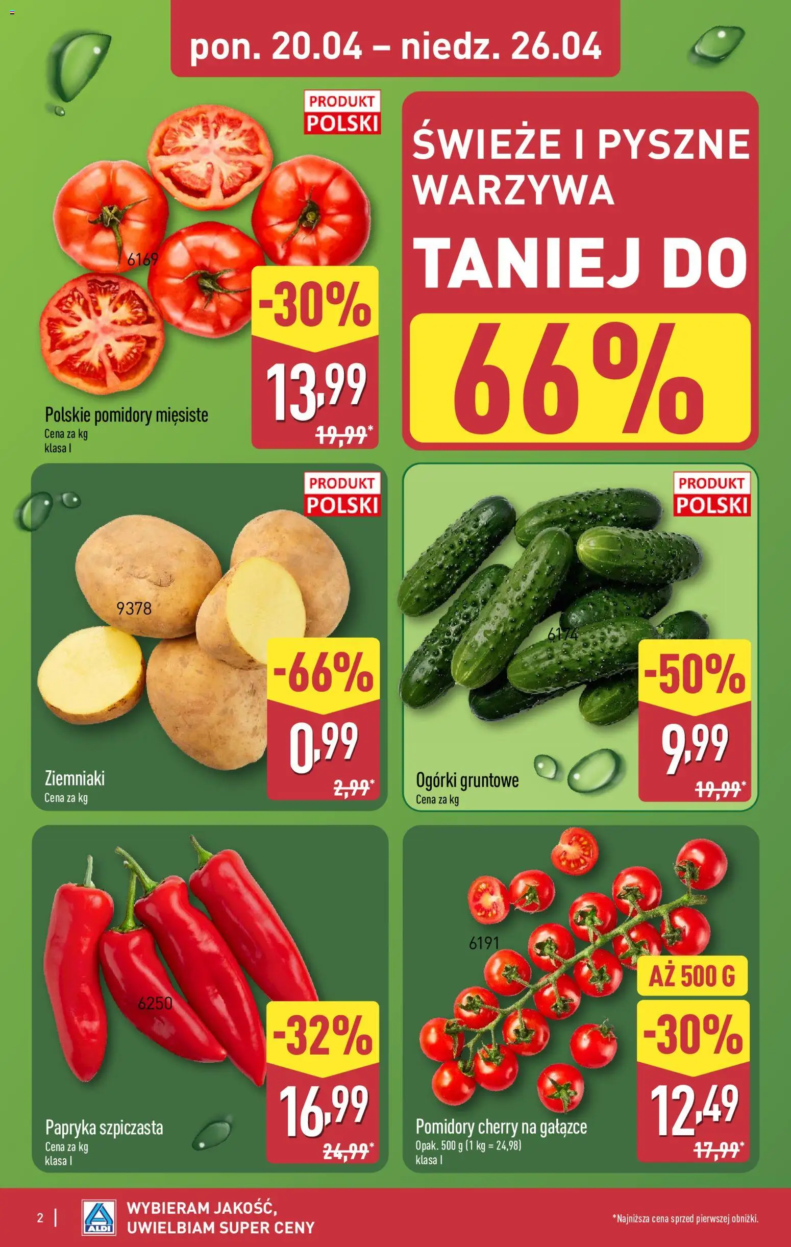 Aldi gazetka od 20.04.2026 | Strona: 2 | Produkty: Papryka, Ogórki gruntowe, Ziemniaki, Warzywa