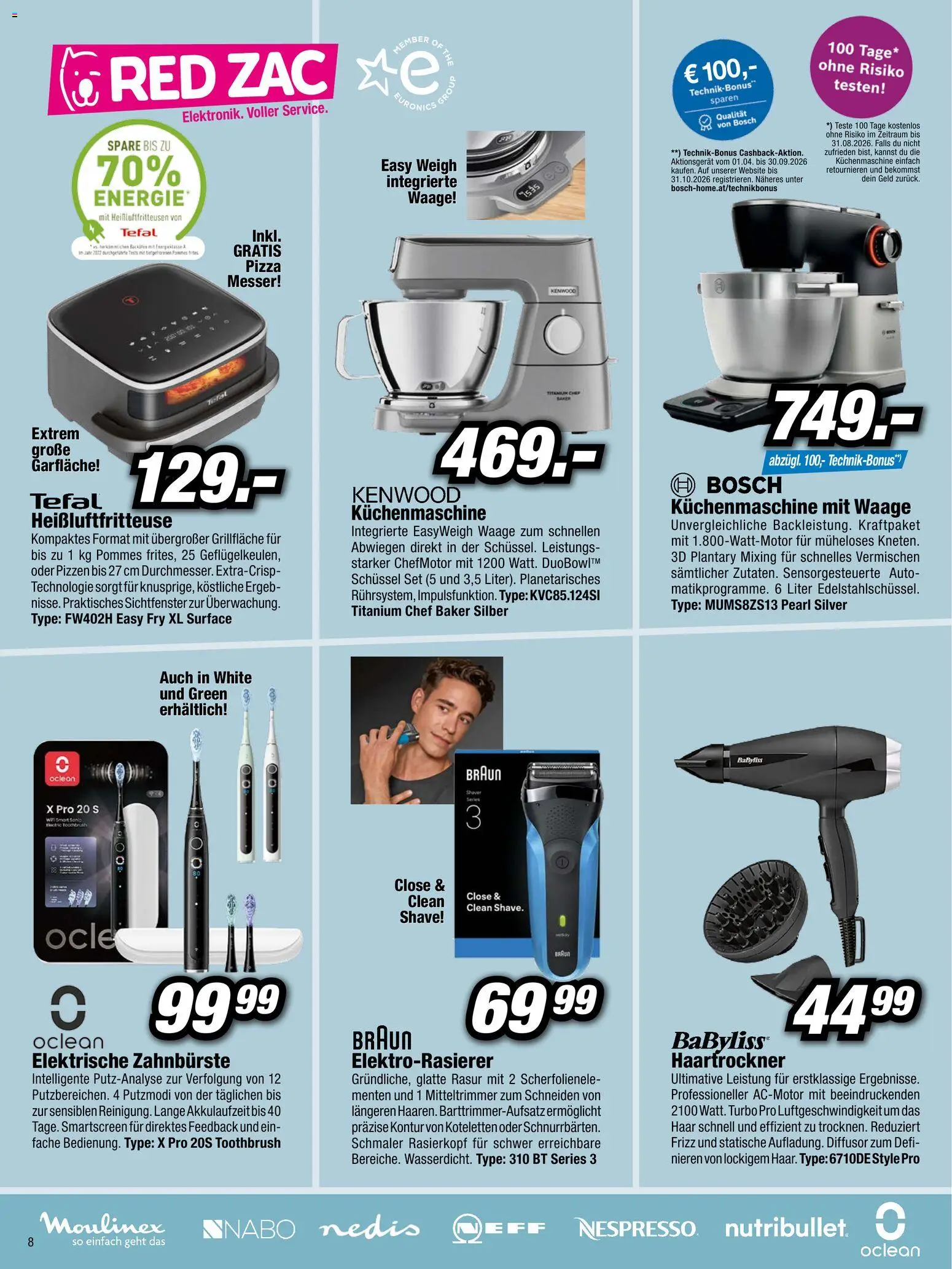RED ZAC Flugblatt gültig ab 03.04.2026 | Seite: 8 | Produkte: Haartrockner, Elektrische zahnbürste, Pizza, Zahnbürste