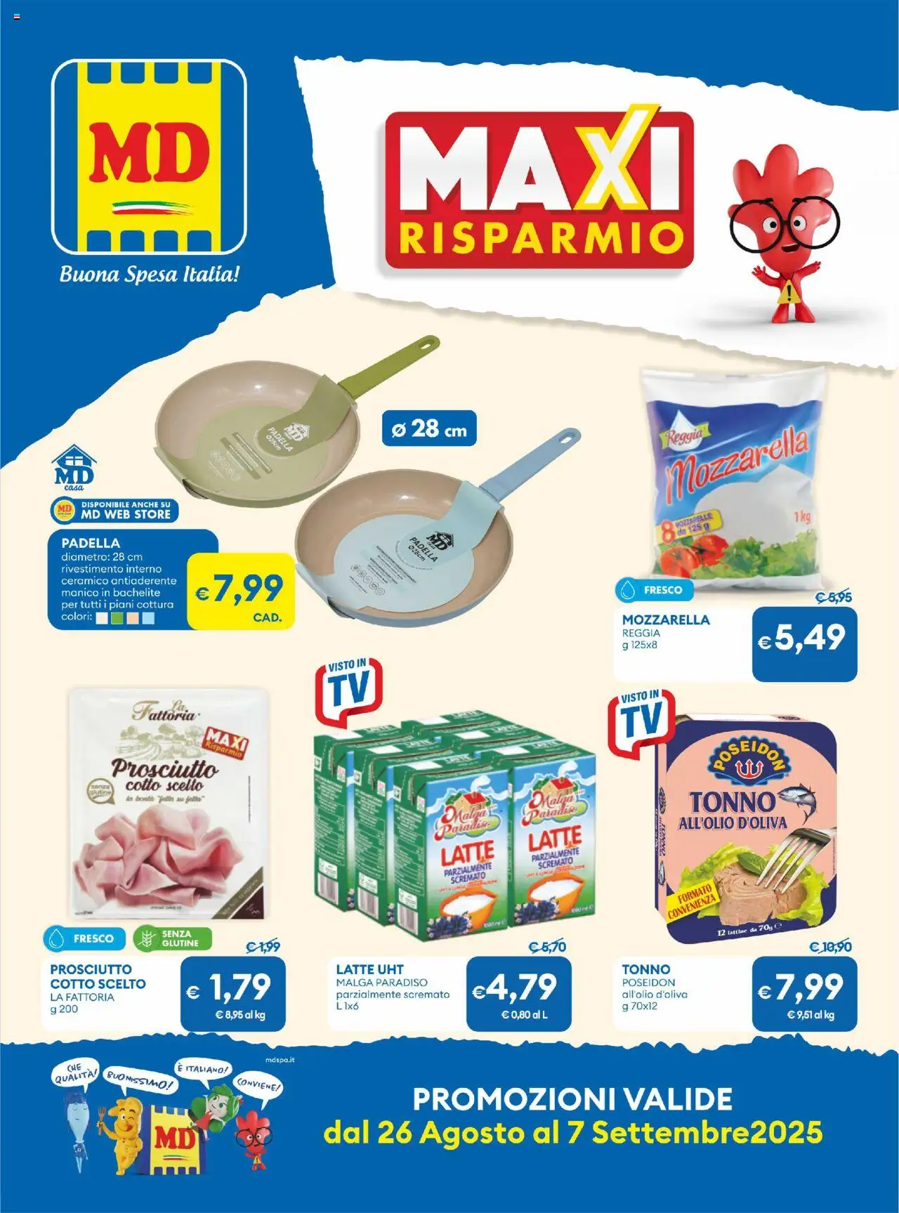 Volantino MD Discount del 26.08.2025 | Pagina: 1 | Prodotti: Mozzarella, Prosciutto, Tonno, Padella
