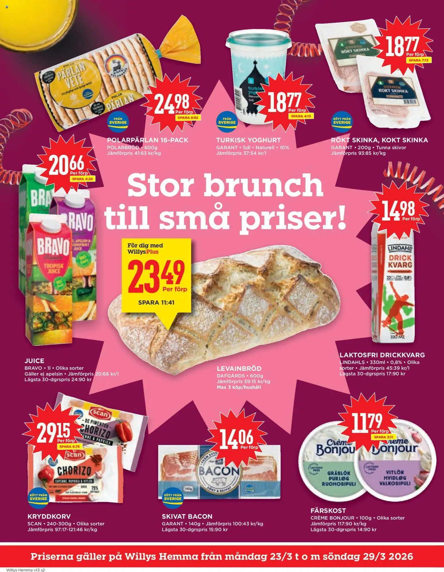 Willys reklamblad aktuell från 23.03.2026 | Sida: 2 | Produkter: Bacon, Gräslök, Skinka, Juice