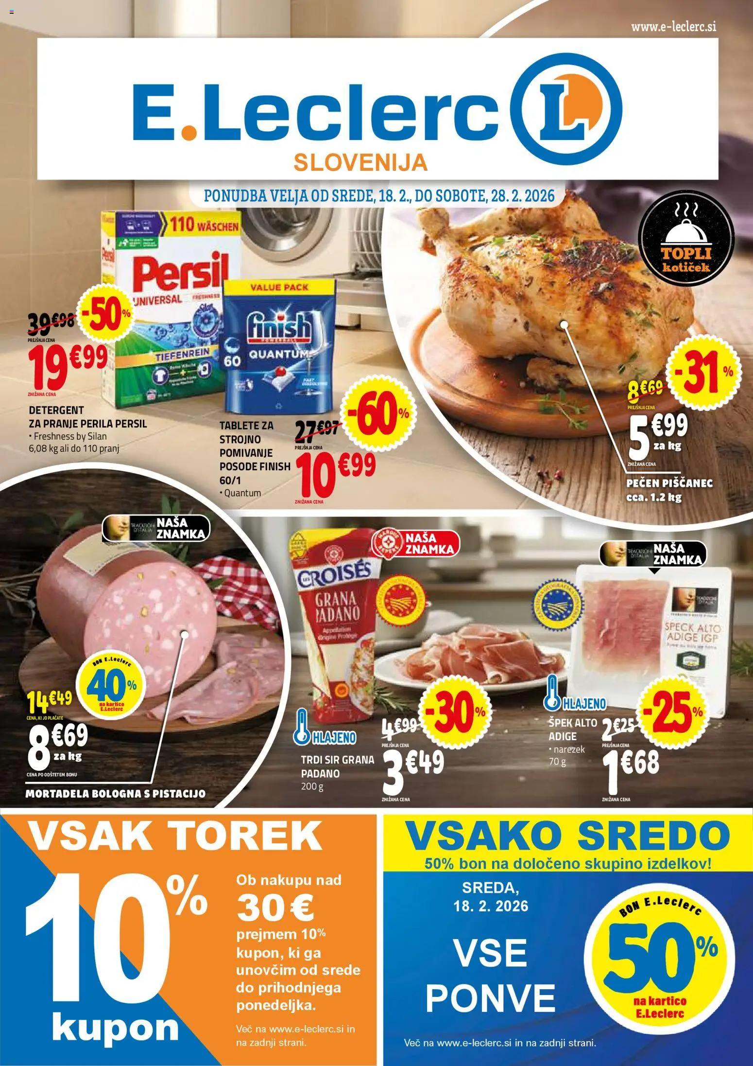 Novi E.leclerc katalog ponudbe – veljaven od 18.02.2026 | Stran: 1 | Izdelki: Mortadela, Narezek, Sir, Detergent