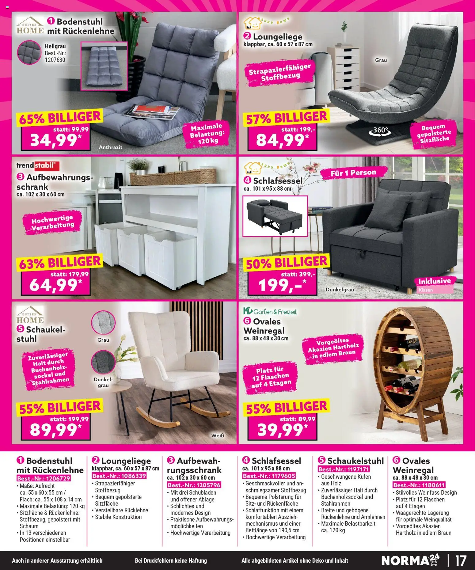 Norma Bestellmagazin Februar 2026 – gültig ab 01.02.2026 | Seite: 17 | Produkte: Weinregal, Kissen, Stuhl, Schrank