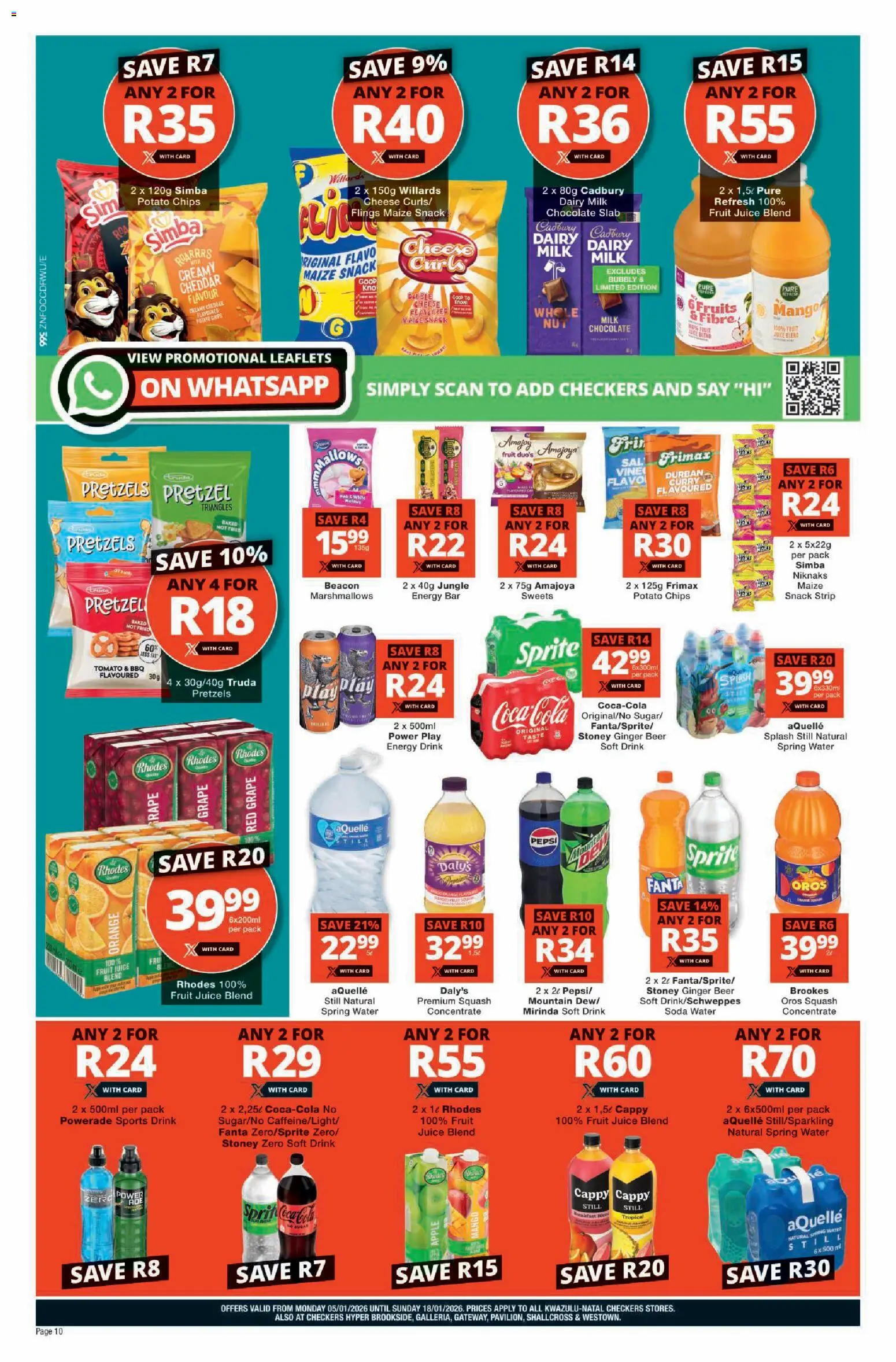 New Checkers catalogue – valid from 05.01.2026 | Page: 10 | Products: Squash, Chocolate, Sprite, Water