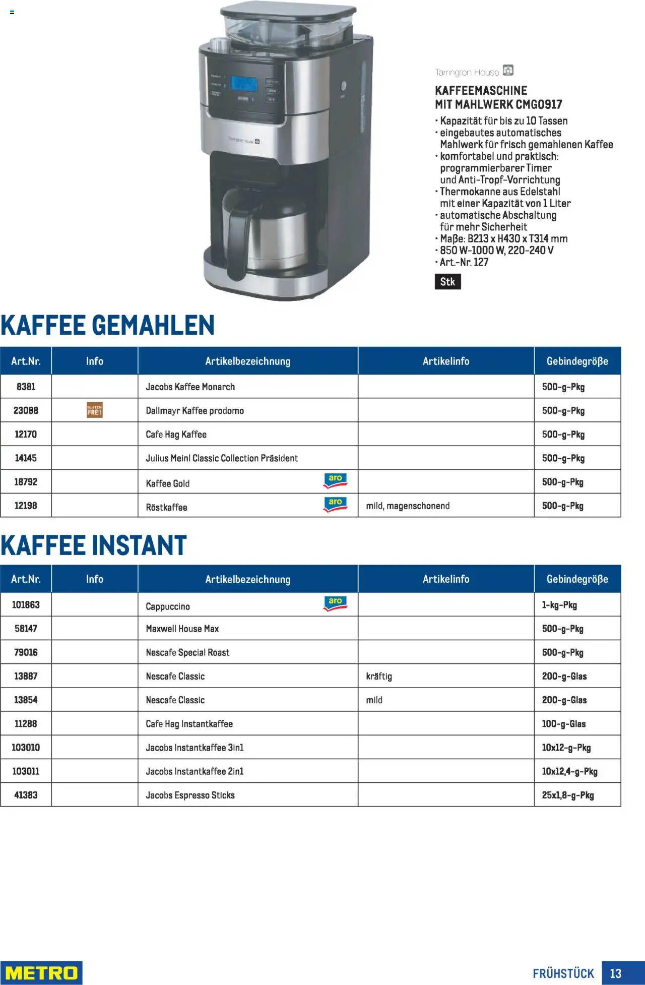 Metro Frühstück Spezial gültig ab 25.09.2025 | Seite: 13 | Produkte: Kaffeemaschine, Kaffee