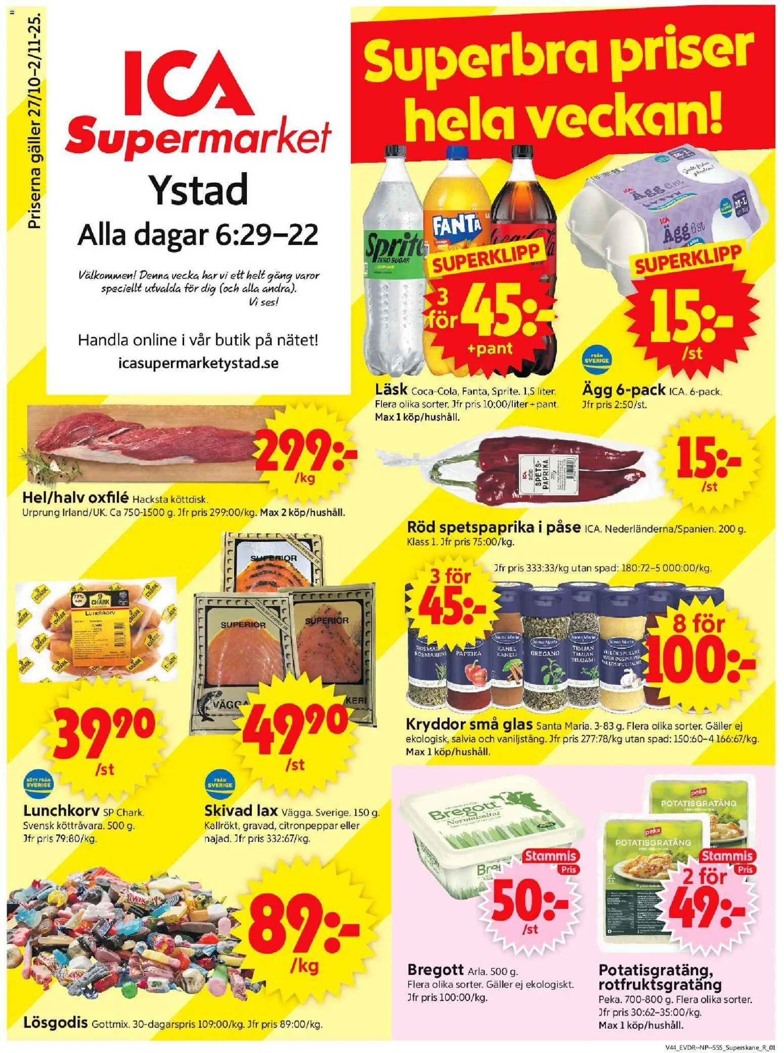 ICA Supermarket reklamblad aktuell från 27.10.2025 | Sida: 1 | Produkter: Timjan, Bregott, Lax, Citronpeppar